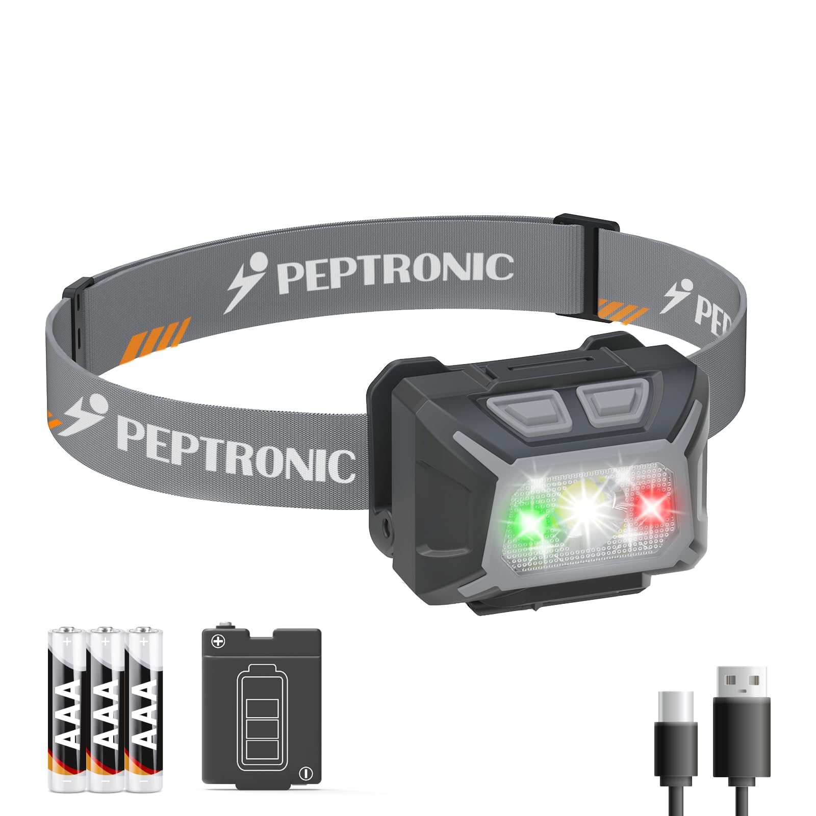 PEPTRONIC Camping Headlamp Dual Power (Rechargeable/3AAA Batteries Included), LED Dimming Head Lamp Waterproof 60 Adjustable Hea