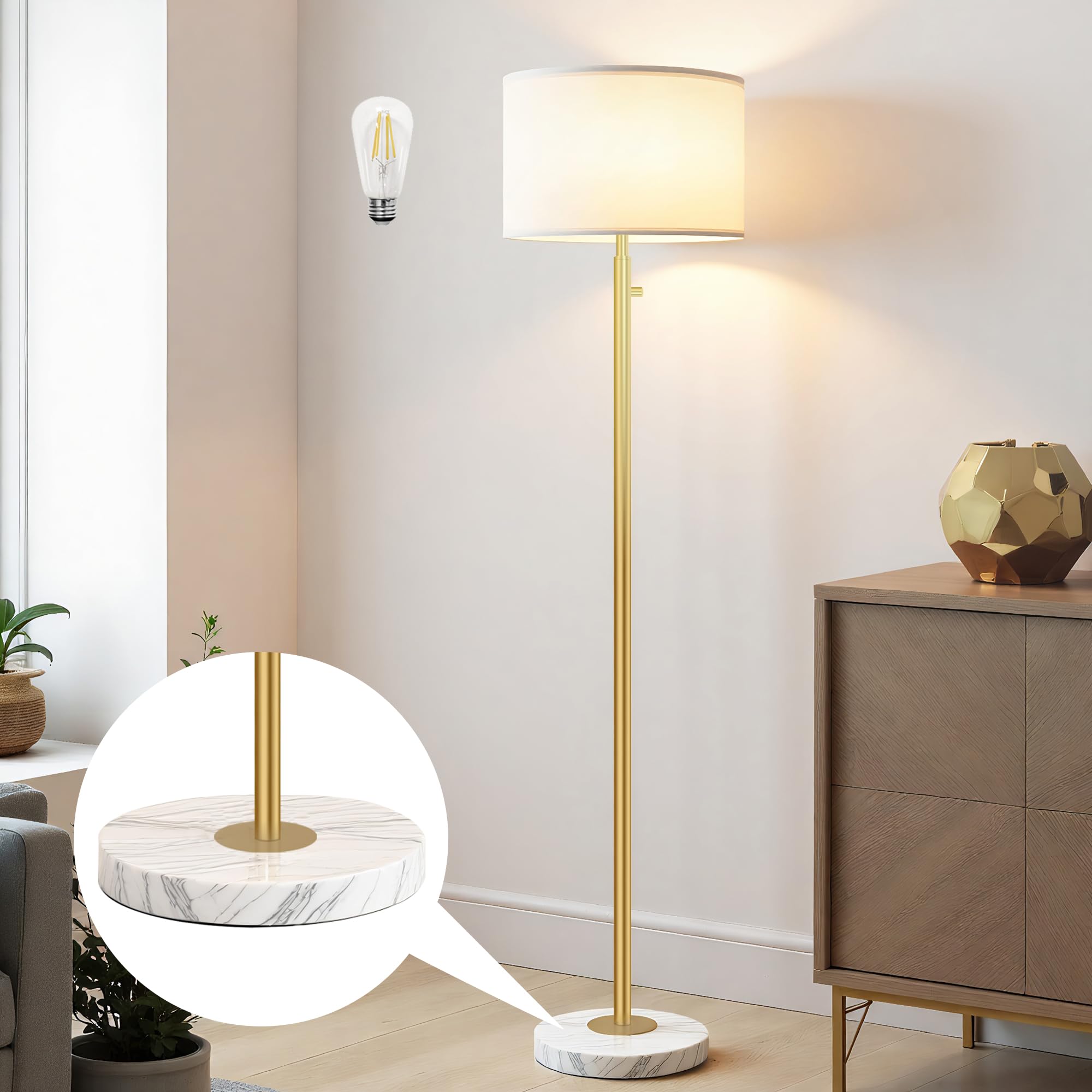 Aulaiyi Dimmable Gold Floor Lamp, Tall Metal Standing Lamp with Marble Base, Model WK012, Ideal for Living Room, Bedroom, Office
