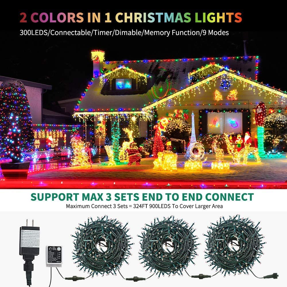 Haili Christmas Lights Outdoor,105Ft 300 Led Color Changing Lights With Timer Remote, Ul Certified 9 Lighting Modes For House Ch