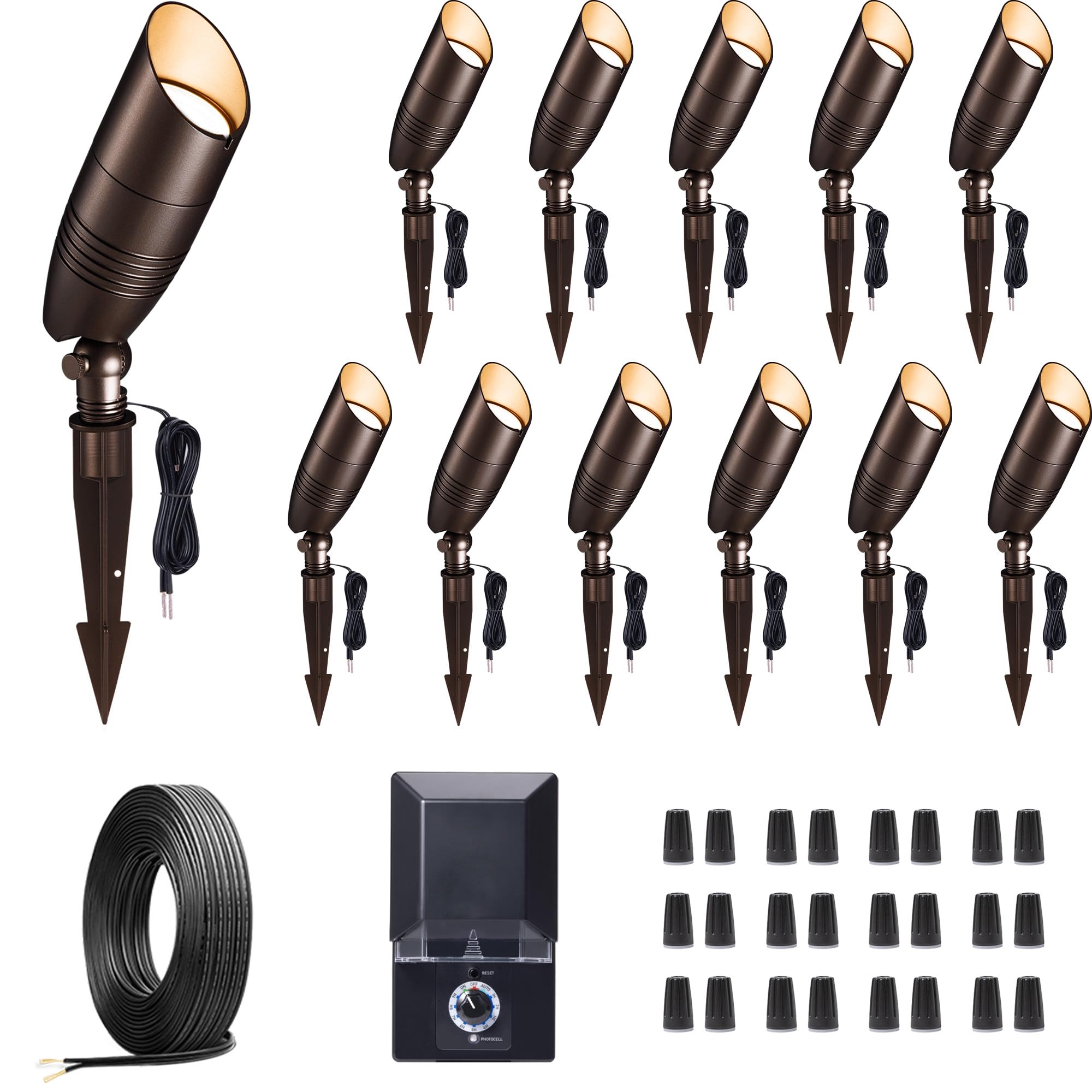 Varmtalys 12v Landscape Lighting Kit, with 12 Pack 3CCT Spotlights and 200W Transformer and 250FT Cable and 40 Wire Connectors, 
