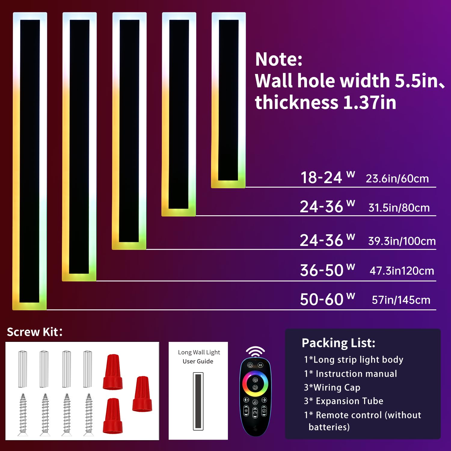 Mikeru RGB LED Wall Lights, 2-Pack, Dimmable, 47.2in, Aluminum, IP65 Waterproof Sconces, Model FTBD-2