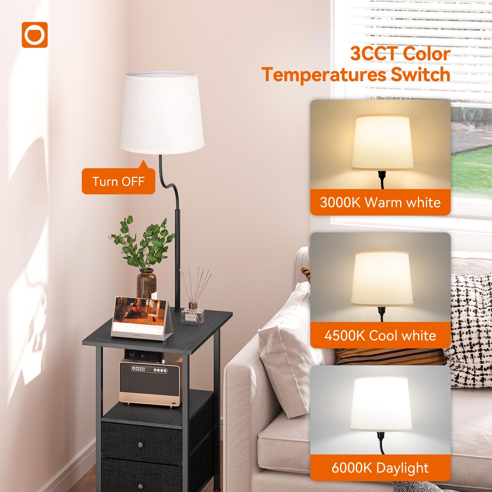 addlon Floor Lamp with Side Table, 3 Color Temperatures, Black, Model PFL-009A, Nightstand with Charging Station for Living Room