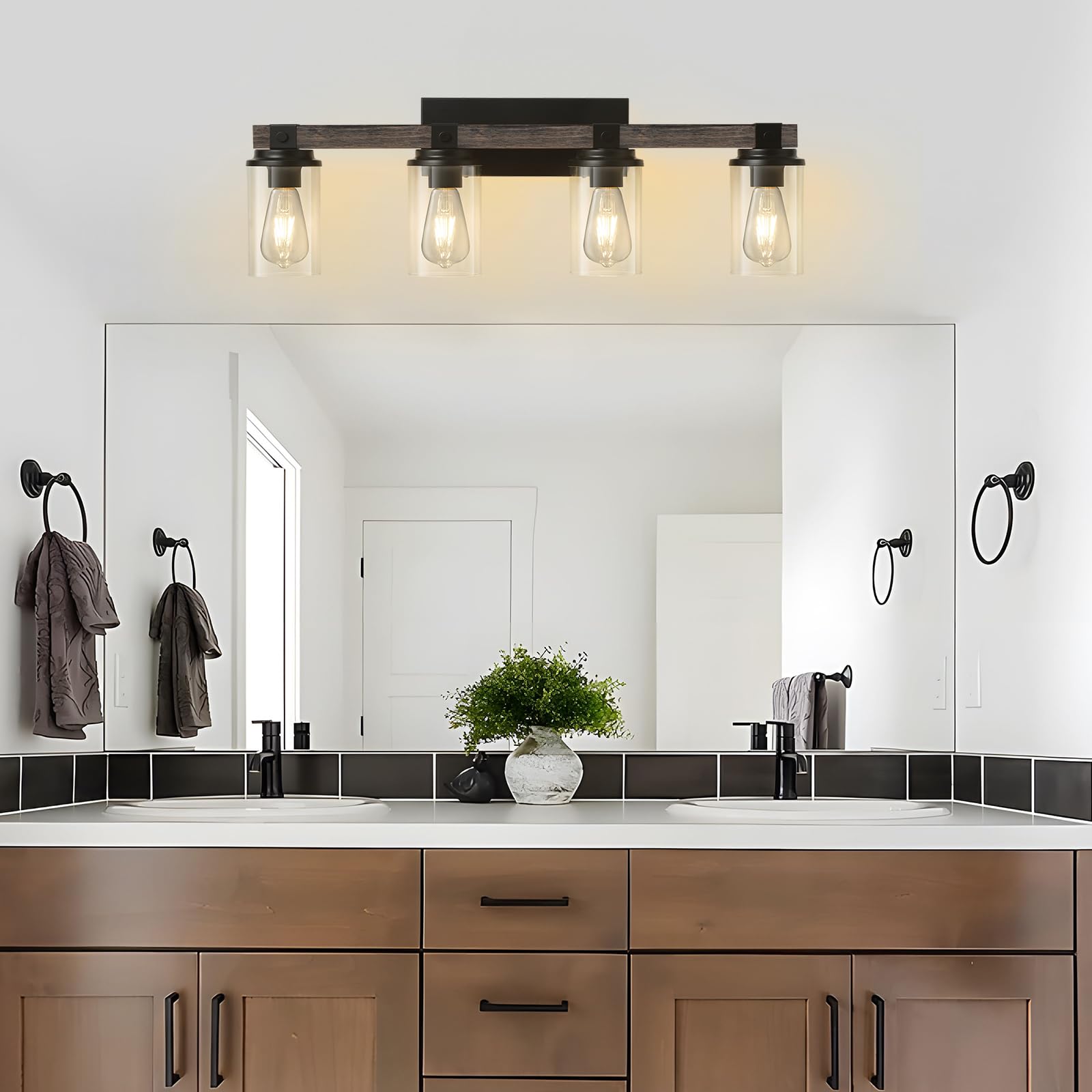Goyeel 4-Light Farmhouse Bathroom Vanity Light - Rustic Wooden Sconces For Mirror & Hallway