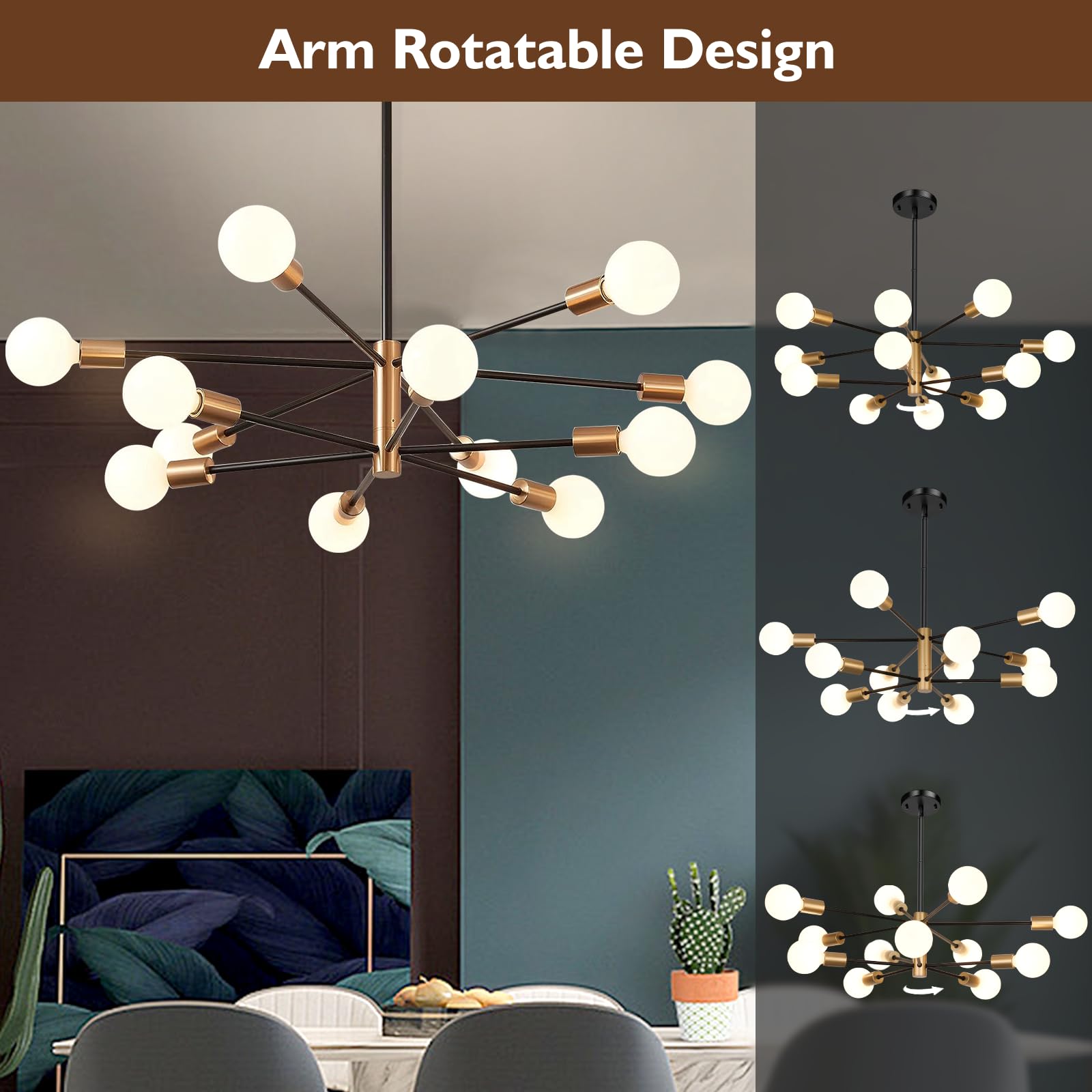 Sheetea 12-Light Sputnik Chandelier, Black And Gold Chandeliers Pendant Lighting, Modern Farmhouse Dinning Room Light Fixture Mid Century Brass, Height Adjustable For Living Room Kitchen Island