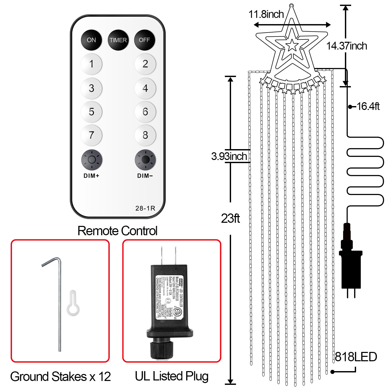 Christmas Decorations Star Lights Outdoor, 23Ft 11 Strand 818 Led Waterfall Tree Lights With 8 Modes Timer Remote Plug In Christ
