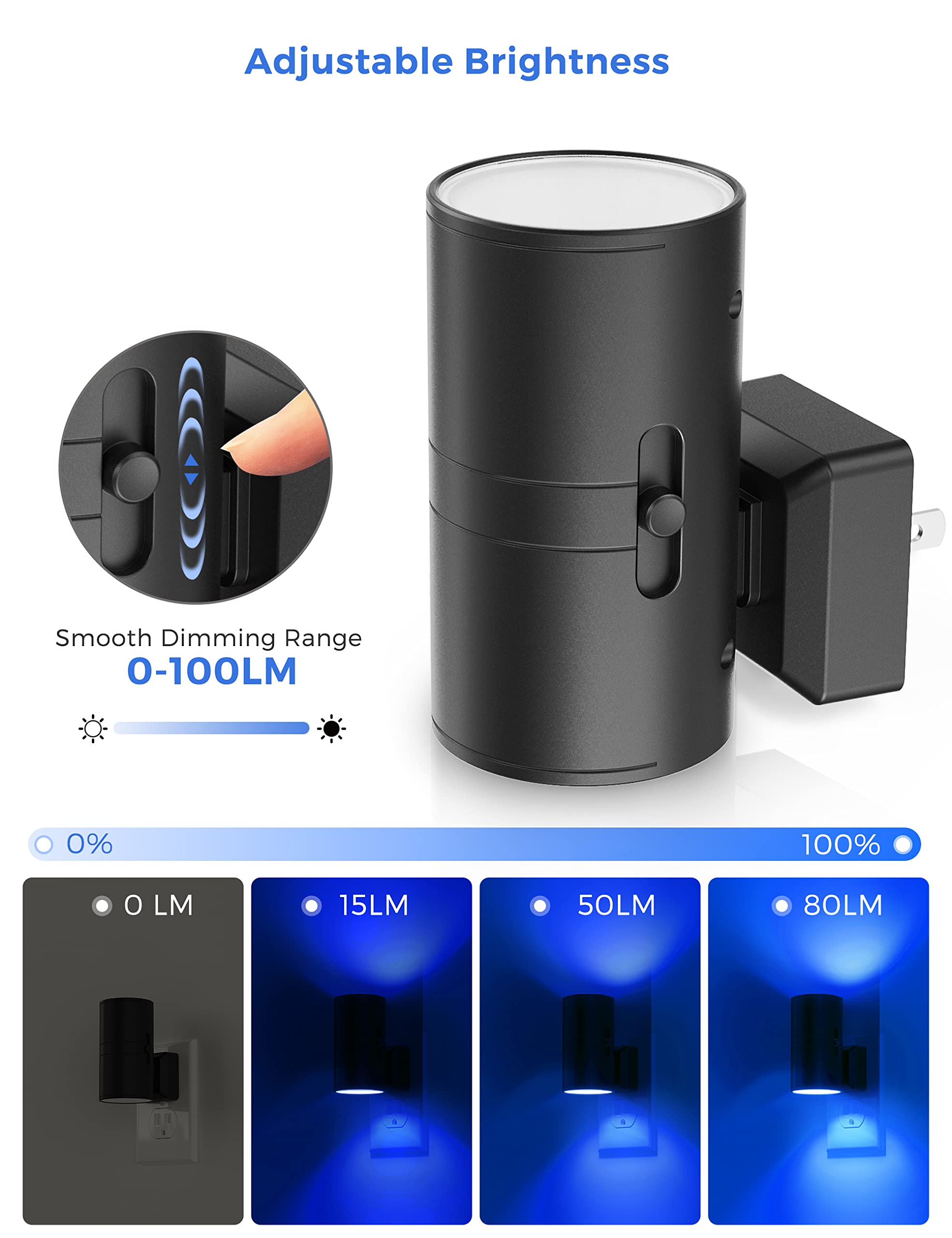 L LOHAS LED Blue Night Light - Adjustable Brightness, Dusk to Dawn Sensor, 0-100LM, 2 Pack