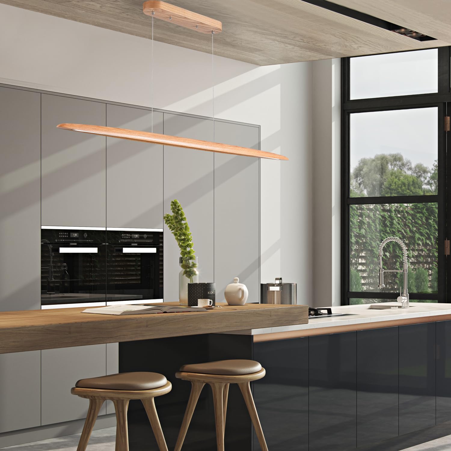 Yisdesign 59'' 40W Wood Led Linear Pendant Light Fixture Led Dining Room Light Dimmable Hanging Light Fixture For Dining Room Ki