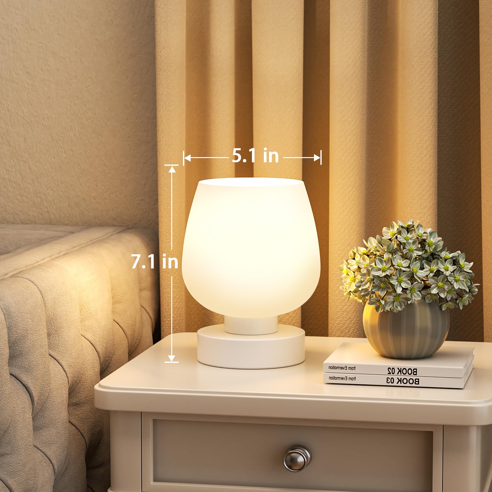 Touch Table Lamp For Nightstand - Small Bedside Lamp For Bedroom Living Room Night Stands, Desk Lamp With White Glass Shade For