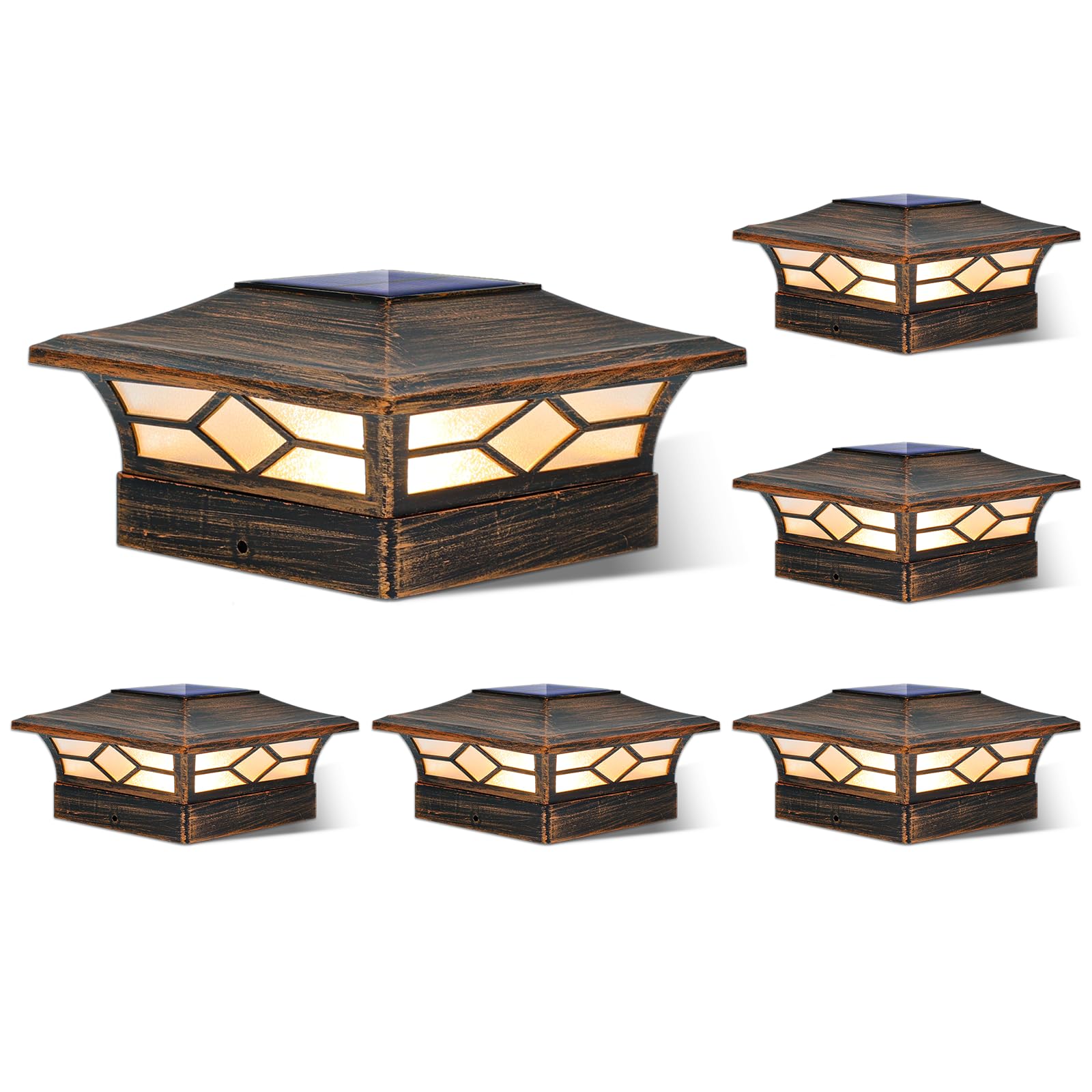 JOFIOS Solar Post Cap Lights Outdoor, Waterproof LED for 4x4 Posts, Brushed Copper, 6-Pack, Model TZ16