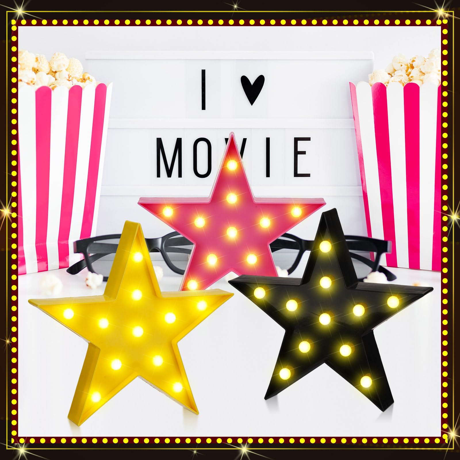 Vihose 3 Pcs Star Marquee Lights Movie Star Lights Battery Operated Led Star Signs Light Up Movie Theater Decor Plastic Night Li