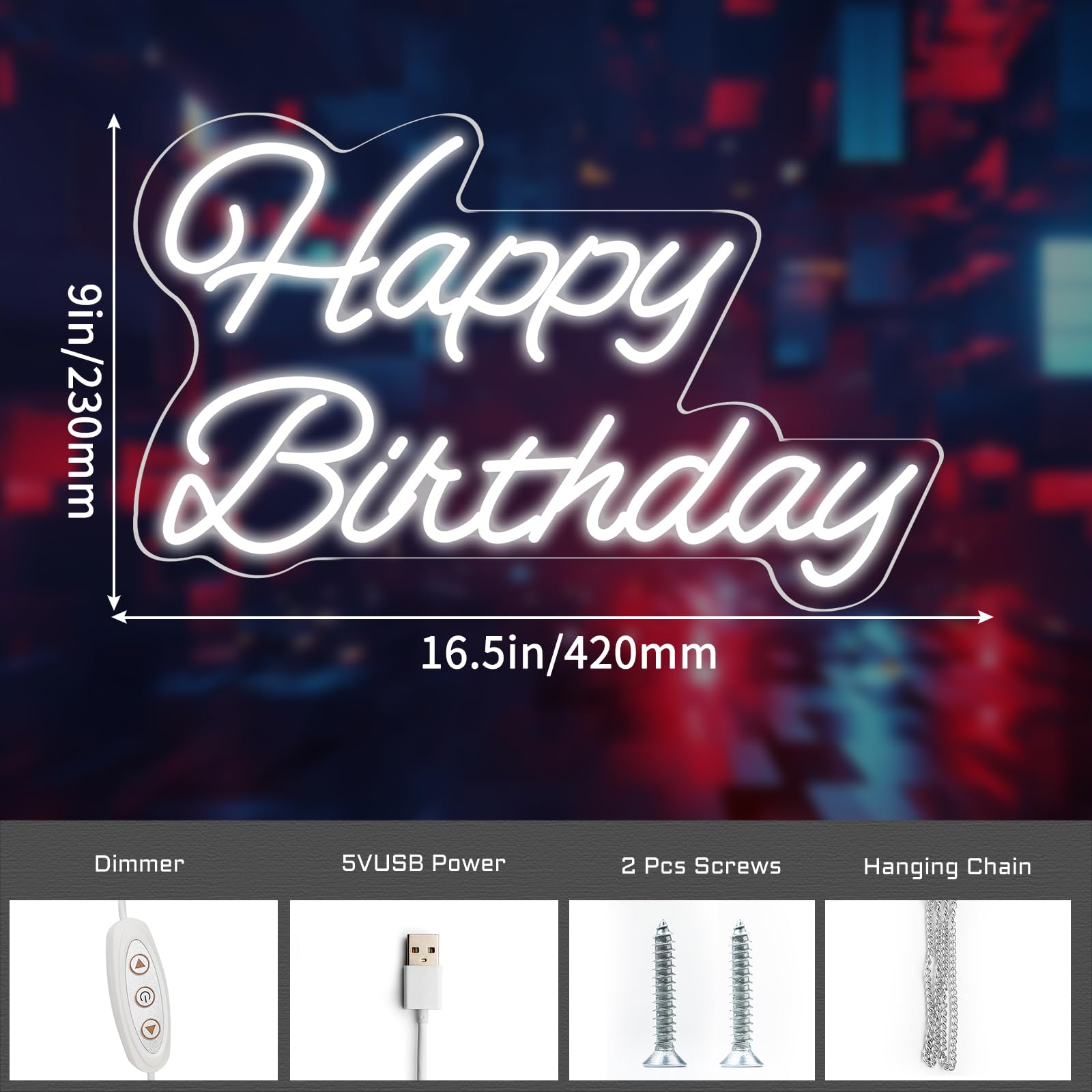 Neonawall Happy Birthday Neon Sign - 16 Inch White Led Light With Dimmable Switch For Party Decoration And Gifts
