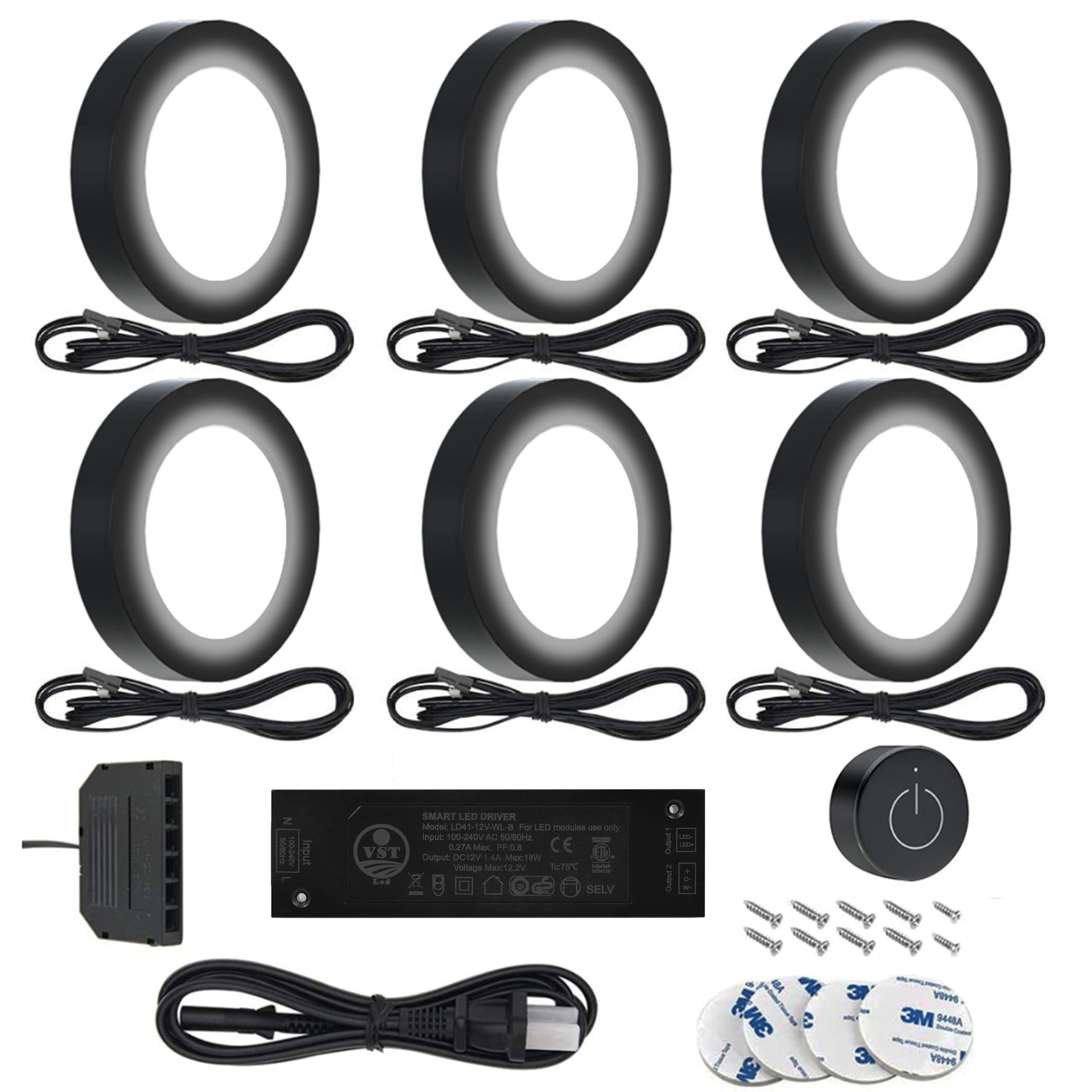 VST Under Cabinet Lighting Puck Light 12V 2W 4000K Black 6 Pack with Wireless Dimmer Switch Model 026