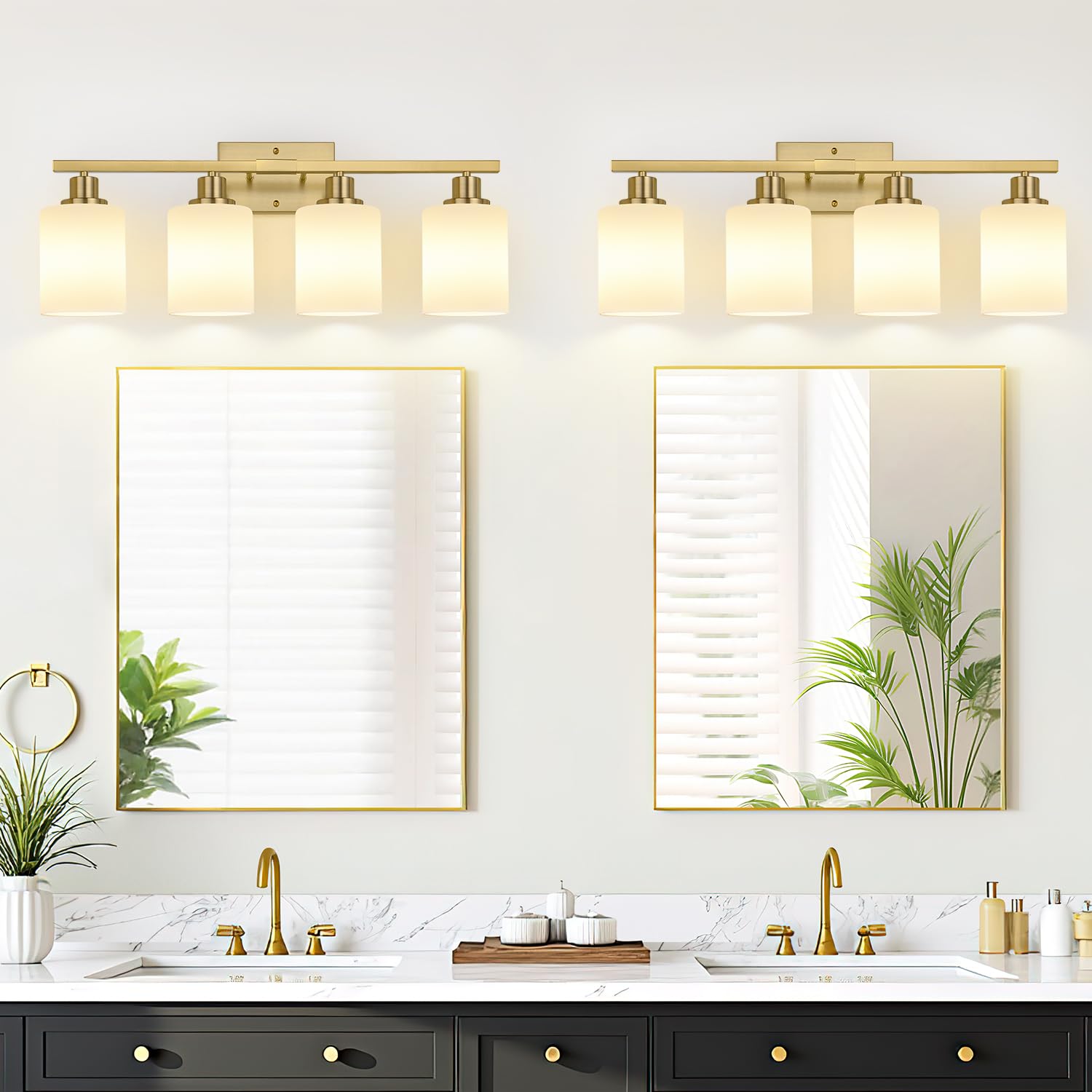 MOKATNG 4-Light Bathroom Vanity Light Fixture, Brushed Gold with Milky White Shades, Model YX-053