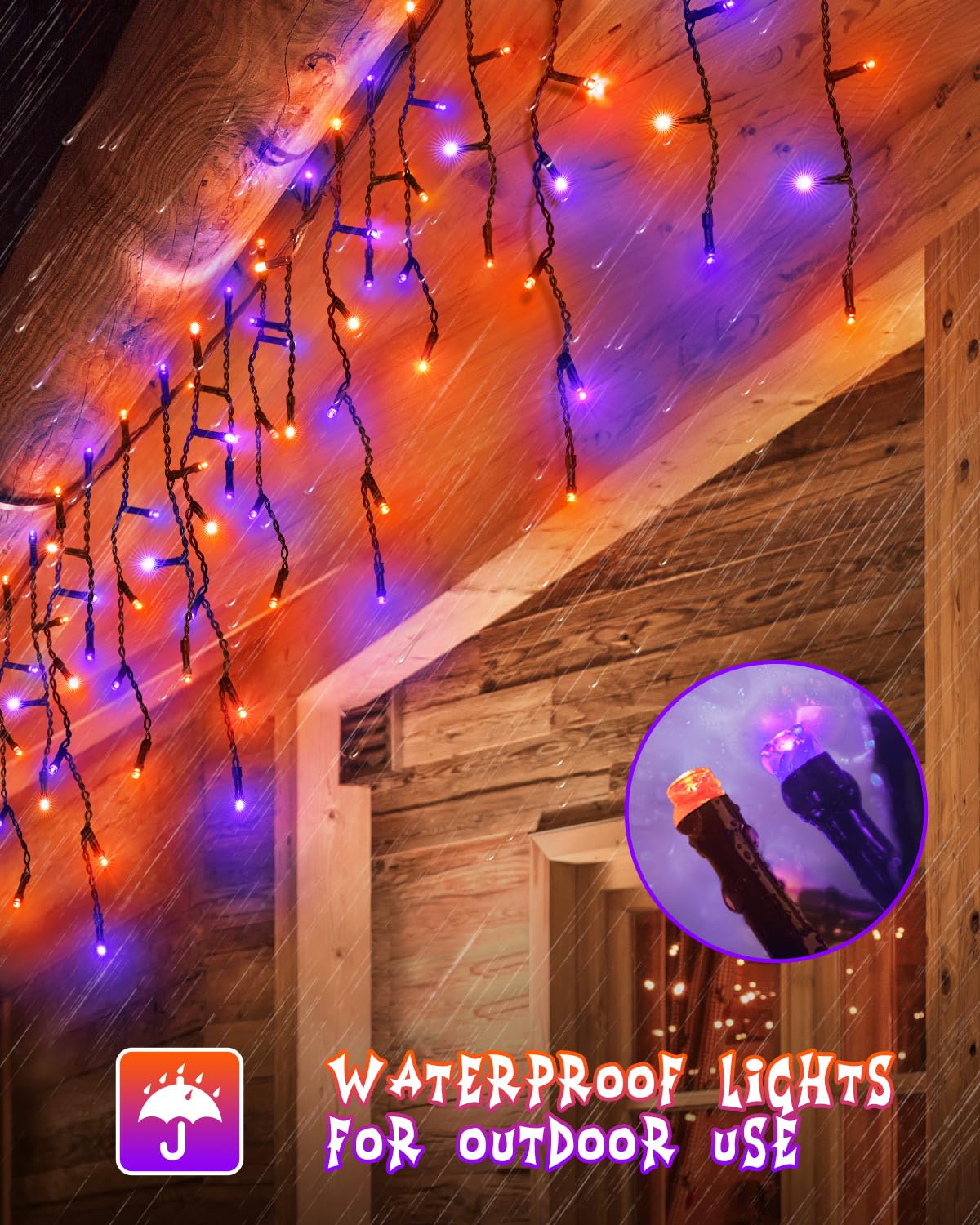 Jixxulvu Outdoor Halloween Lights  Waterproof 53Ft 486 Led Hanging String Lights With 108 Drops  8 Modes Timer  Connectable Plug-In Outside Lights For Party Eaves Yard Decorations  Purple And Orange