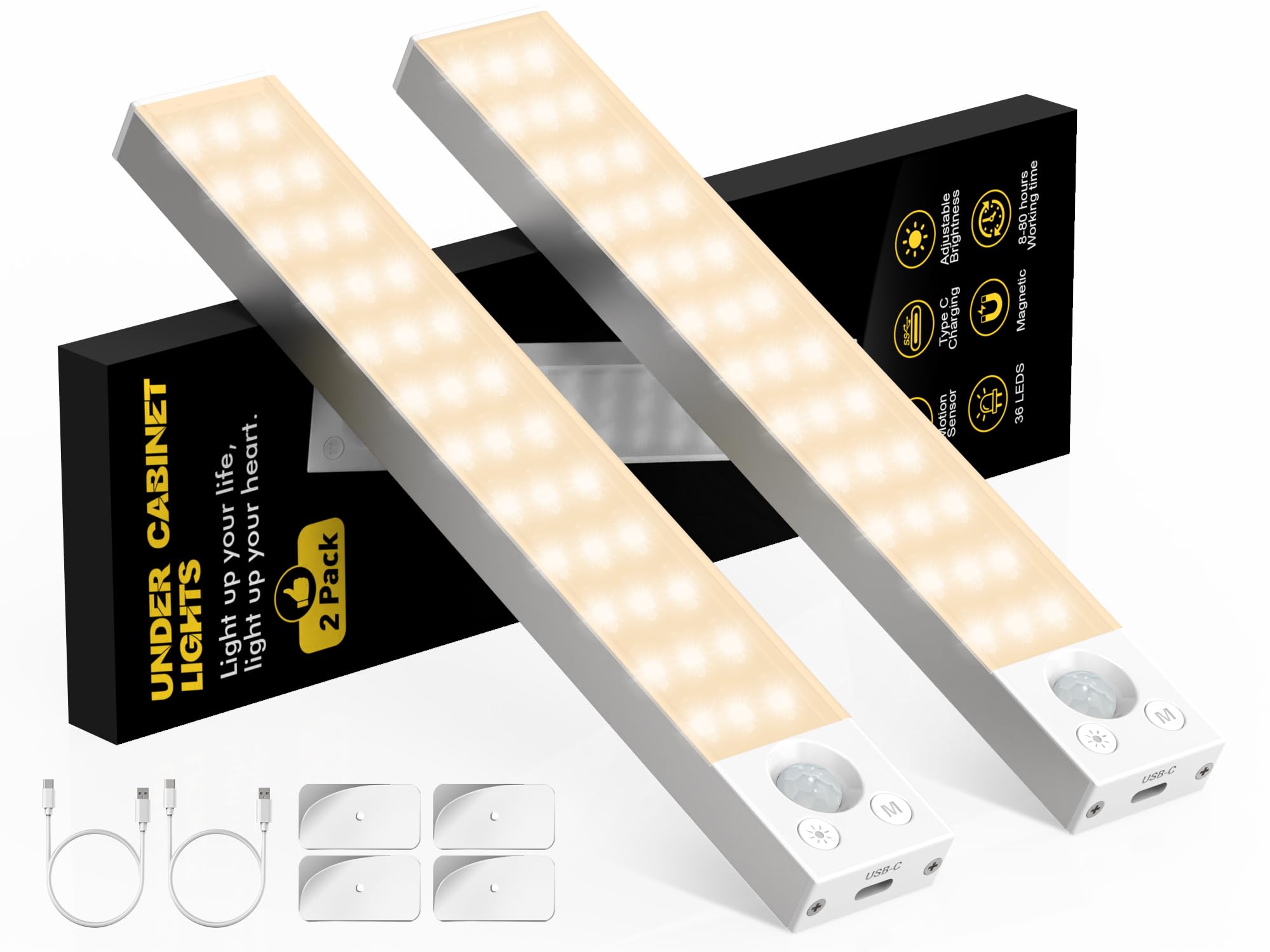 Under Cabinet Lights,2 Pack Dimmable Motion Sensor Light indoor,36LED 1800mAh Rechargeable Under Cabinet lighting wireless,Close