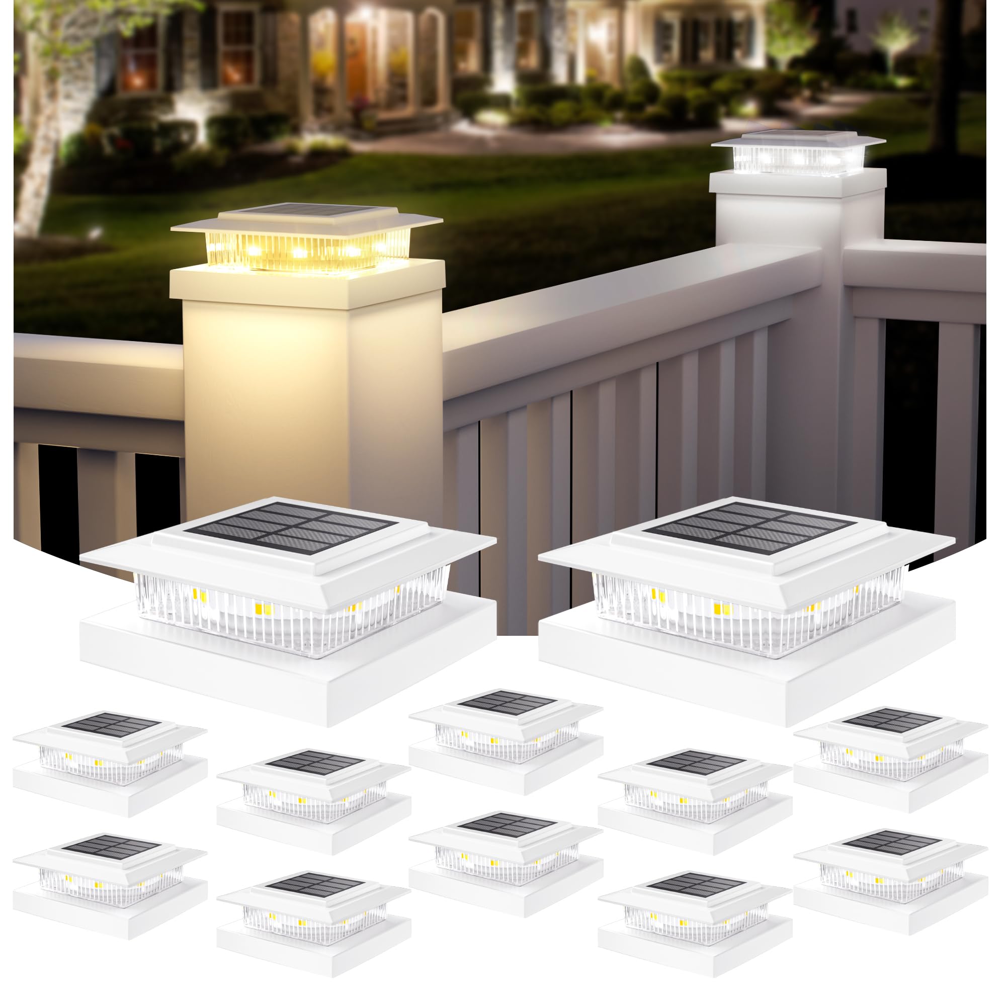 APONUO Solar Post Cap Lights, Weather-Resistant IP64, Dual White/Warm LED, 12 Pack, for 4x4 & 5x5 Posts, White, Model M