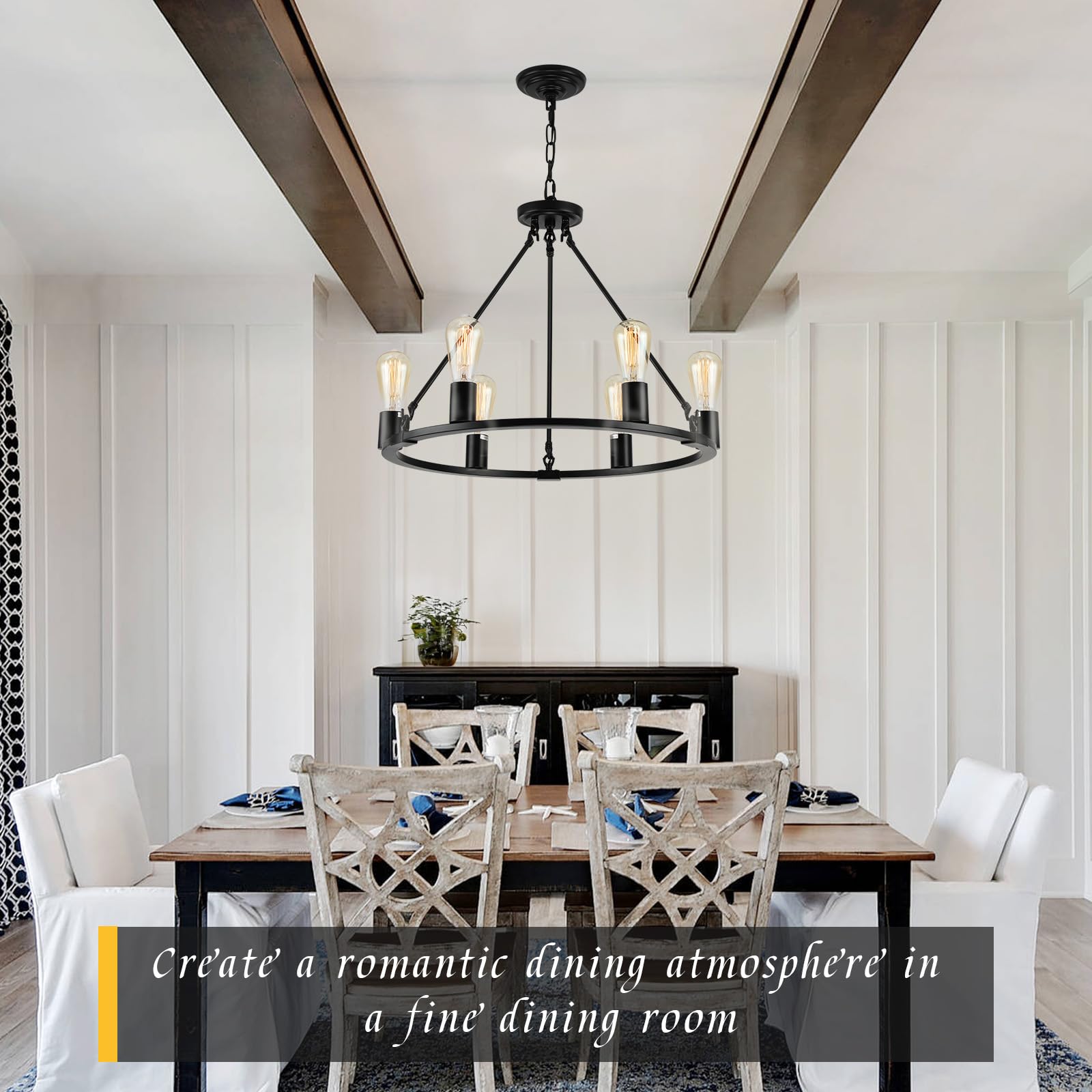Senyshilon Black Chandelier, 6-Light Round Farmhouse Lighting Fixture, 24" Diameter for Dining Room, Living Room, Kitchen Island