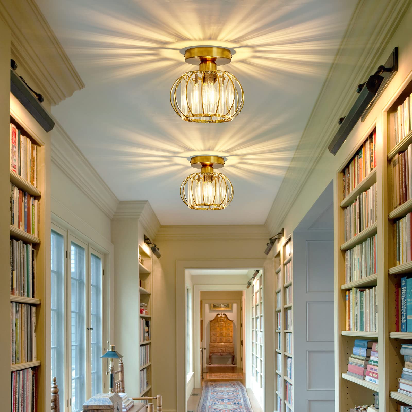 Yyjlx Crystal Semi Flush Mount Ceiling Light Fixture E26 Mini Antique Gold Chandelier Small Ceiling Lamp For Entryway Bedroom Ba