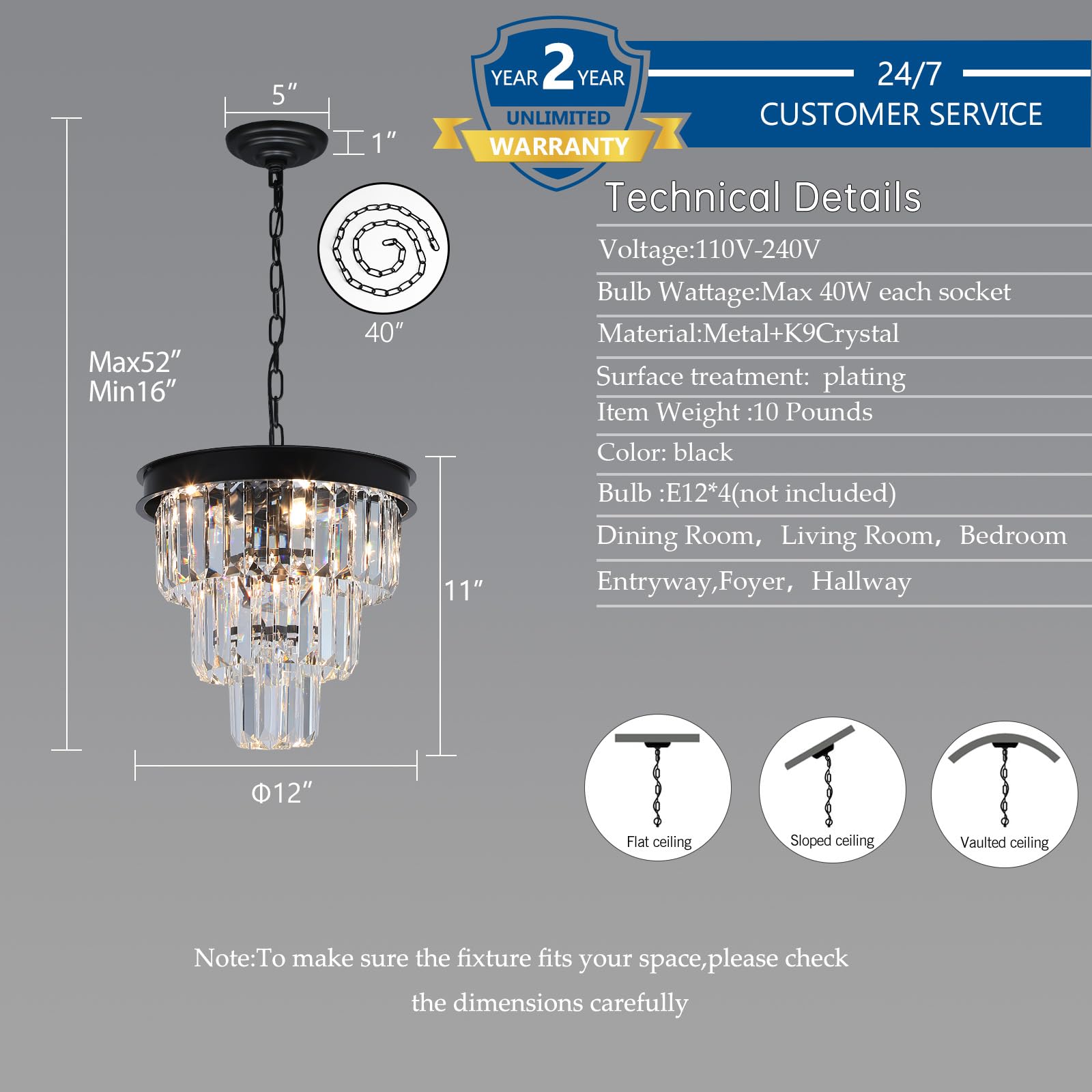 Weesalife 4-Light Black Crystal Chandelier, Modern Pendant Lighting for Dining Room, Kitchen Island, D12 Inch, Model A8828