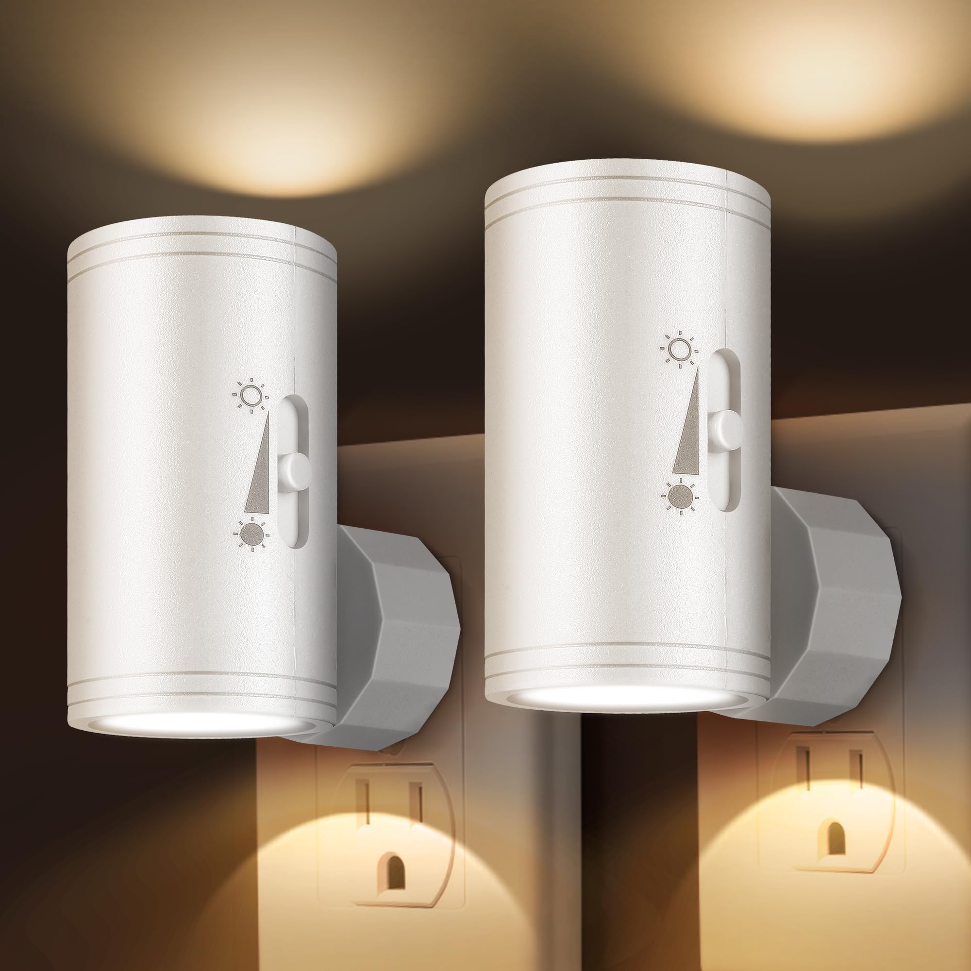 SETEN LED Plug-in Wall Night Light with Dimmable 0-300 Lumens  2700K Warm White  Auto On/Off Light Sensor & Adjustable Head for Hallway  Stairs  Bedroom 2 Pack