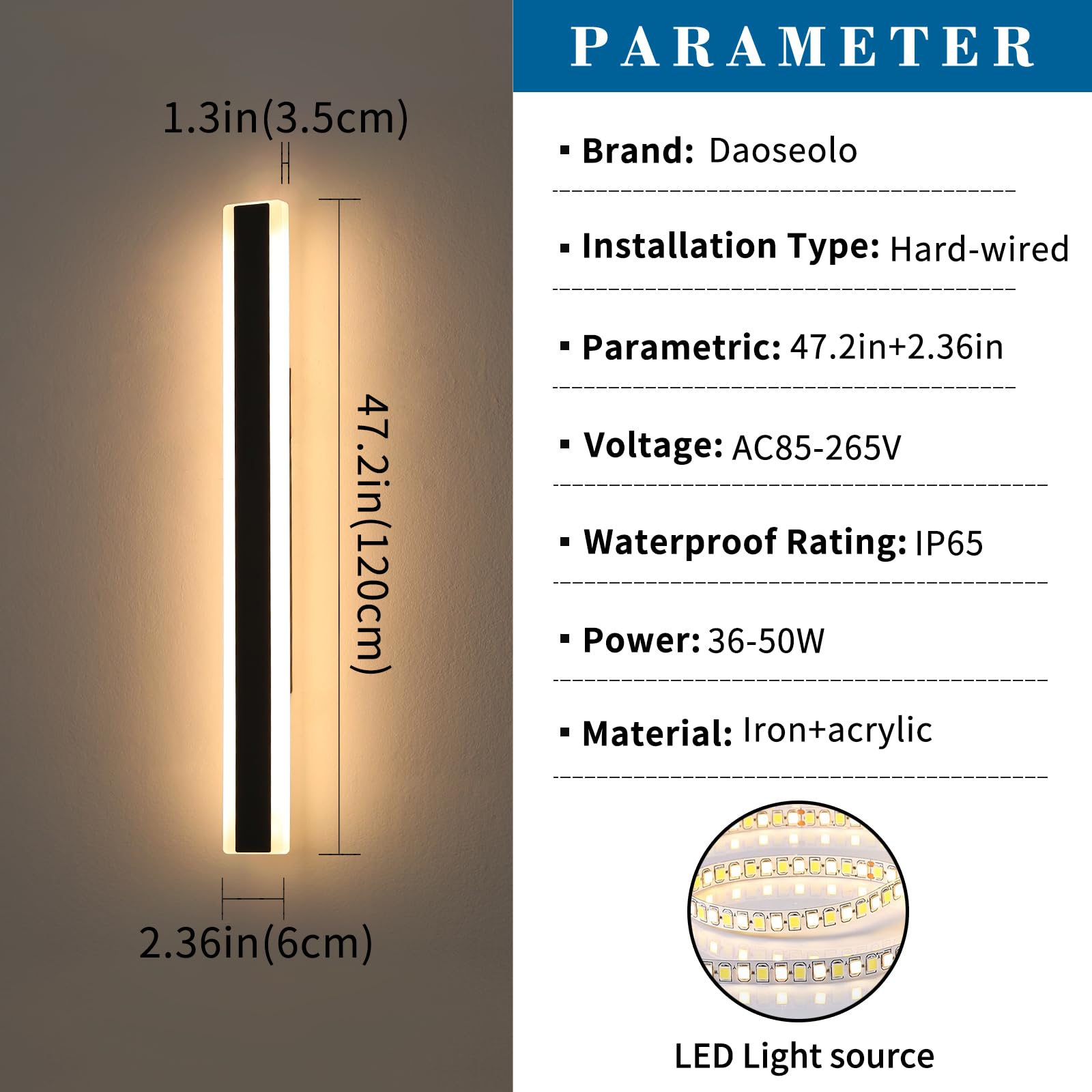 Daoseolo 2 Pack Long Outdoor Wall Sconce, 47.2Inch Modern Exterior Light Fixture, Ip65 Waterproof, 3000K-6000K Dimmable With Remote Control, Linear Wall Mount Lighting For Patio, Garden, Garage