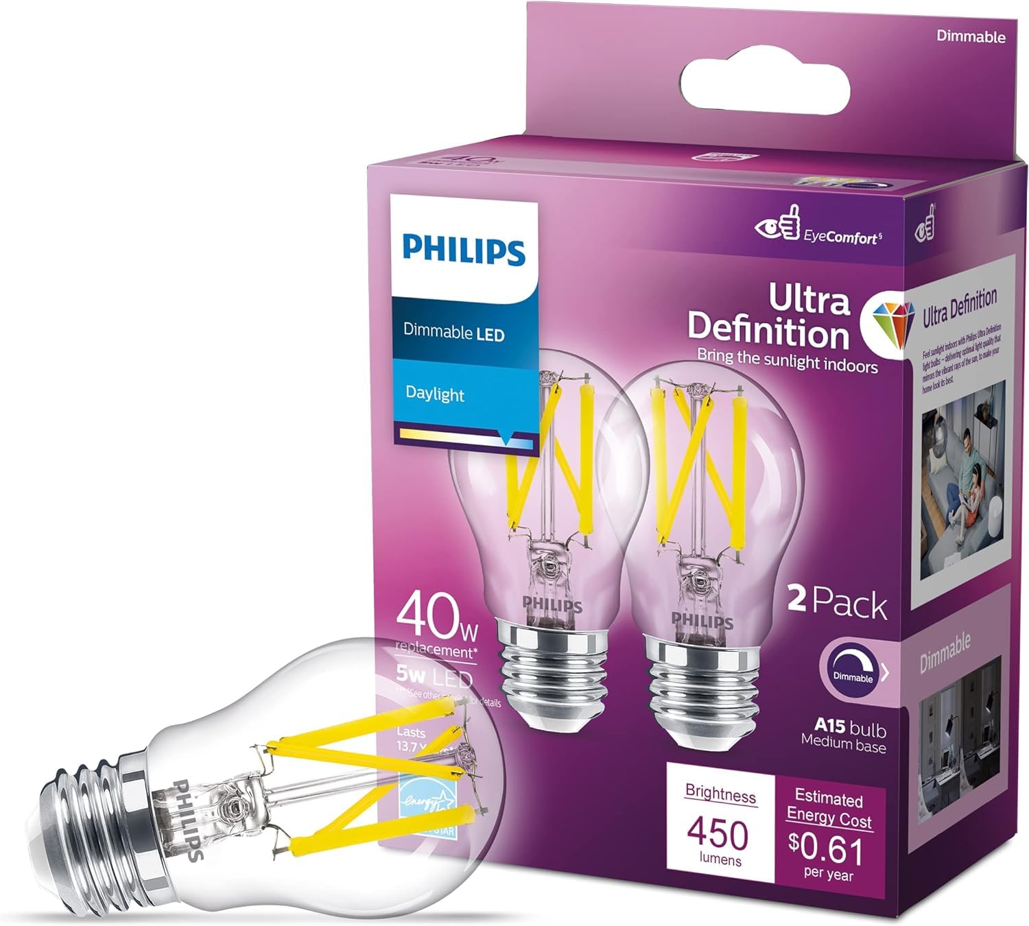 Philips Led 40W A15 2-Pack Ultra Definition Daylight (5000K) 450 Lumen (5W = 40W) Dimmable Clear Flicker-Free Light Bulbs
