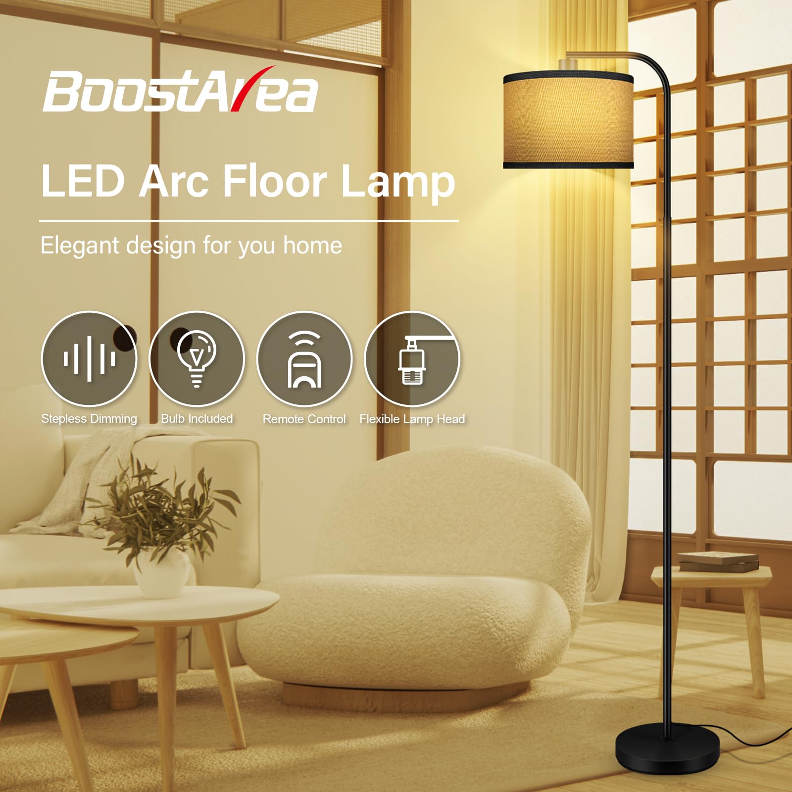 Boostarea Dimmable Floor Lamp For Living Room,Arc Sofa Lamps With Remote,Stepless Dimmable & Colors Temperature 2700K-6500K,67 I