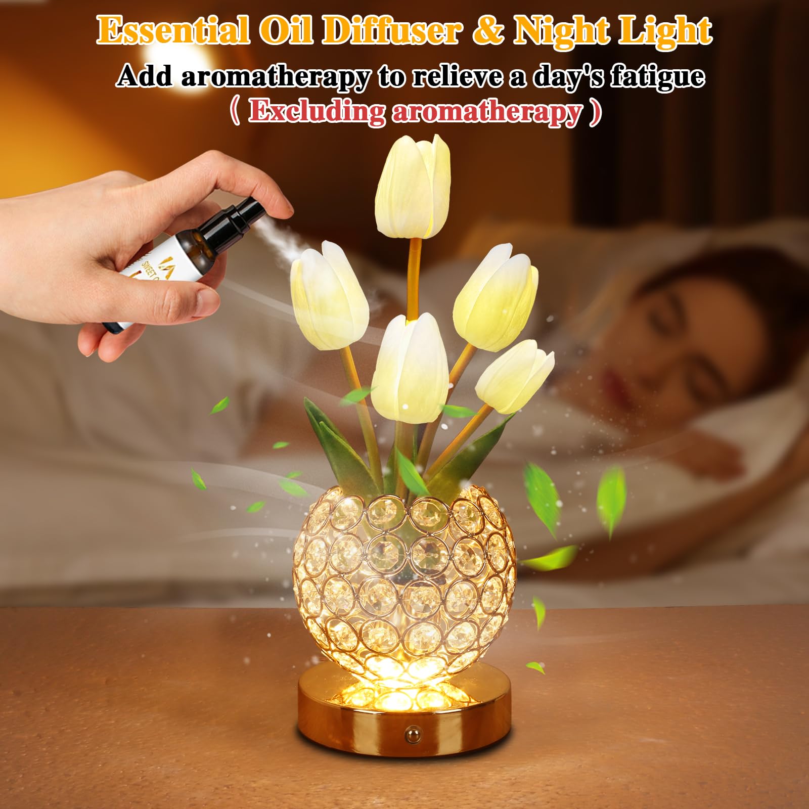 Zqpbled Birthday Gifts For Women/Mom Table Lamp  3 Color Crystal Flower Bedside Lamps Infinitely Dimming With Usb Charge Small Night Light Nightstand Touch Lamp For Bedroom (A-White)