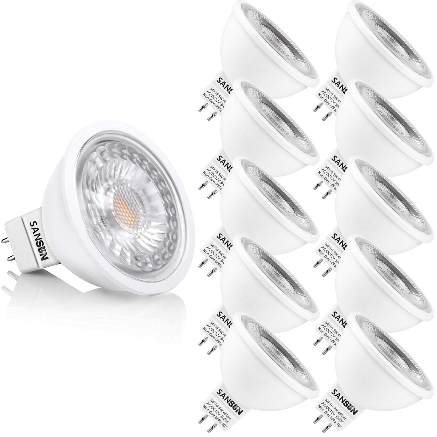 SANSUN MR16 LED Bulbs, 5W Halogen Replacement, GU5.3 Bi-Pin, Soft White 3000K, Non-Dimmable, 10 Count Pack
