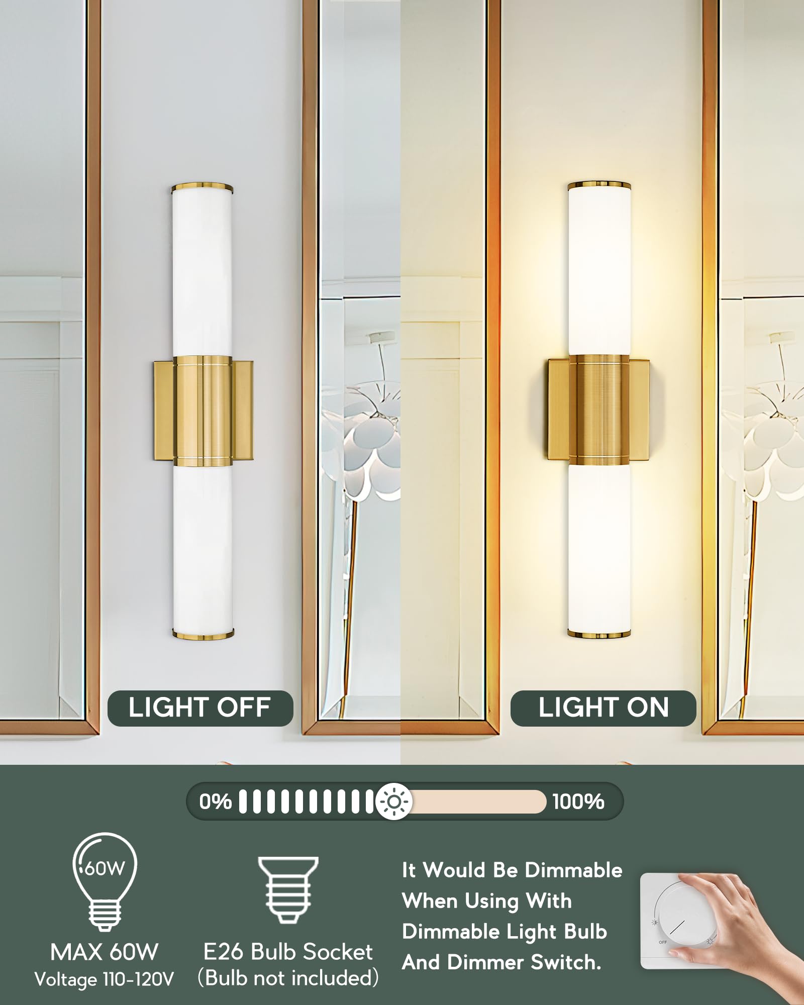 METWET 2-Light Bathroom Vanity Light Fixtures, Brushed Gold & Milk Glass, Wall Sconces for Mirror, Model VL834-BG-ML-2PK