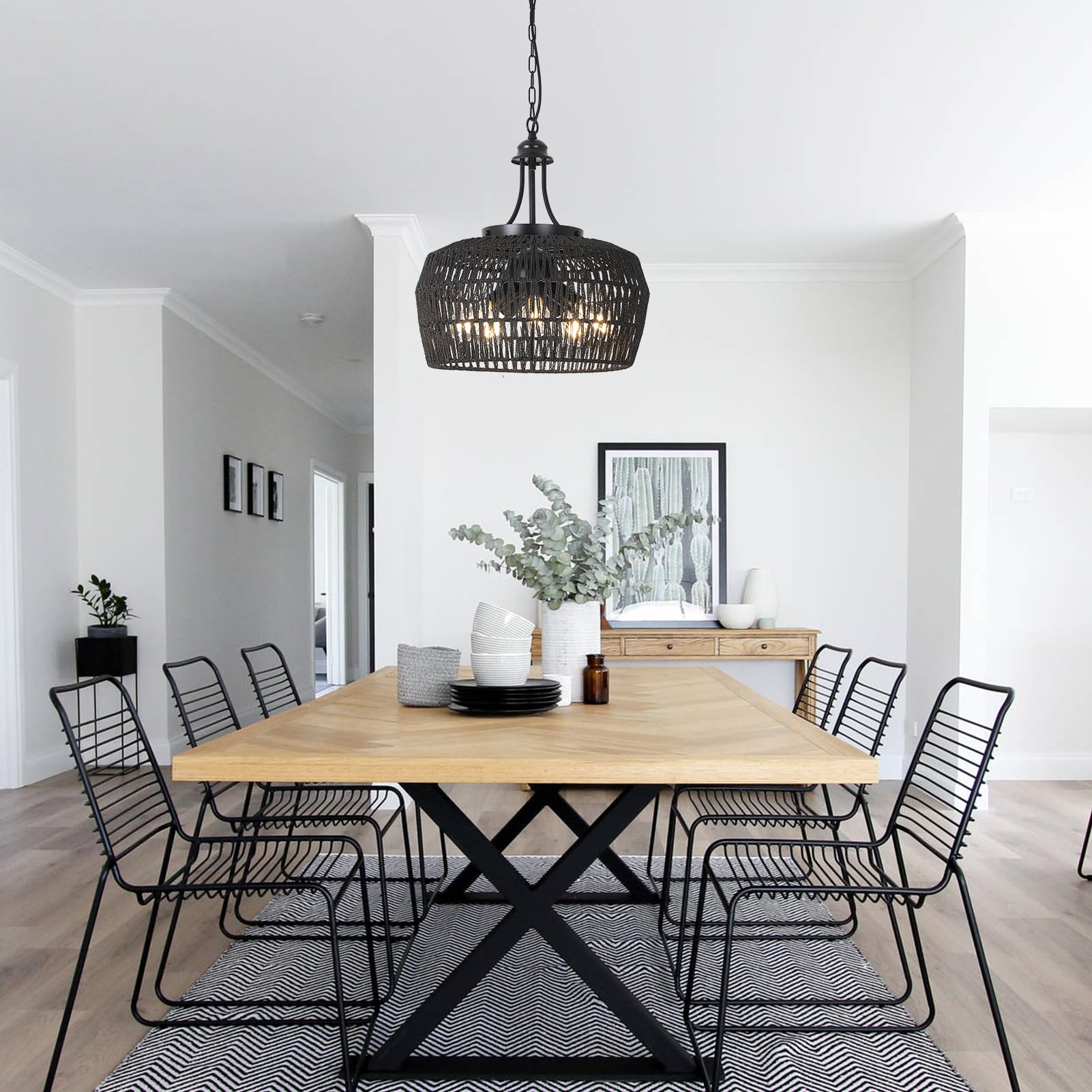 HMVPL 5-Light Black Rattan Chandelier - Farmhouse Pendant Light for Dining Room, Kitchen Island, Bedroom, Living Room, Model 230803B1