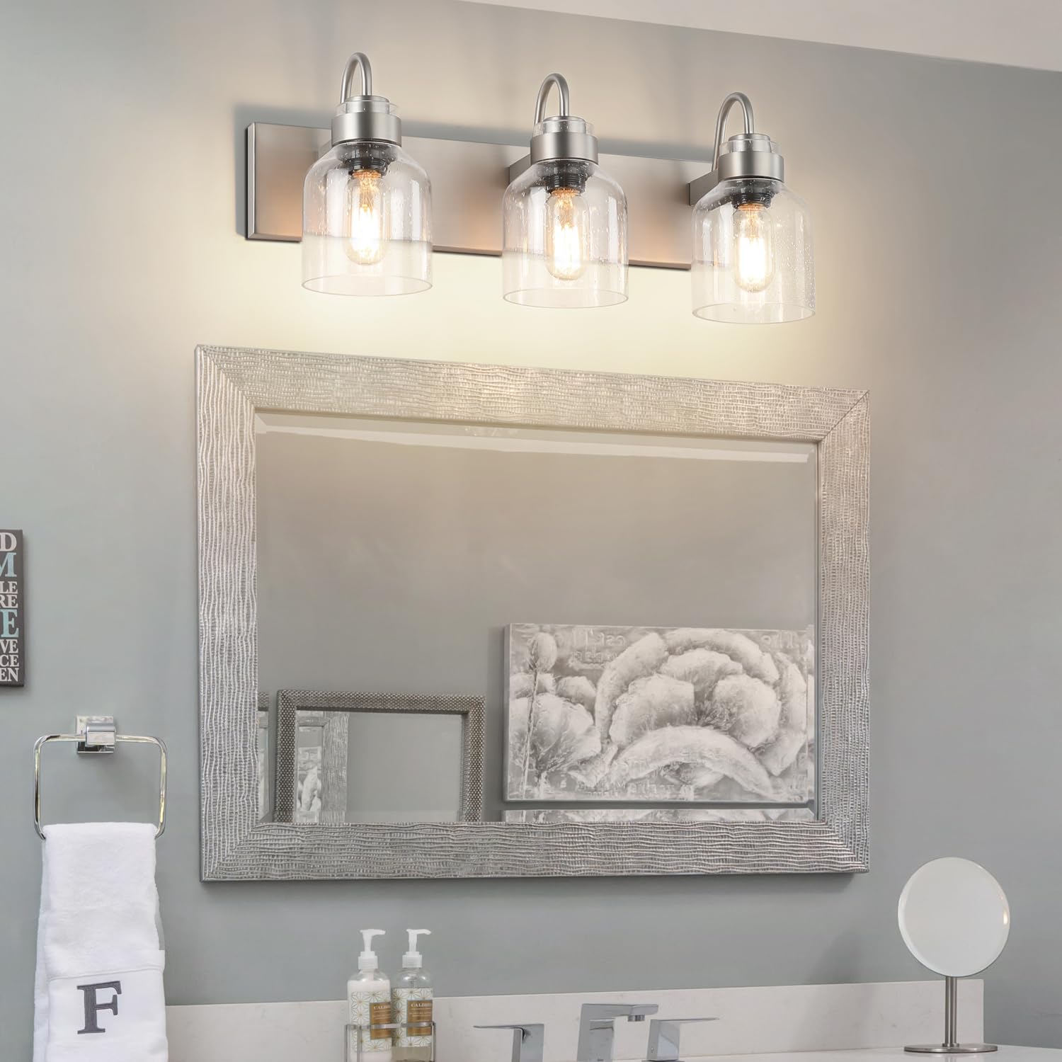PRESDE 3-Light Bathroom Vanity Light Fixtures Brushed Nickel with Bubble Glass Shades