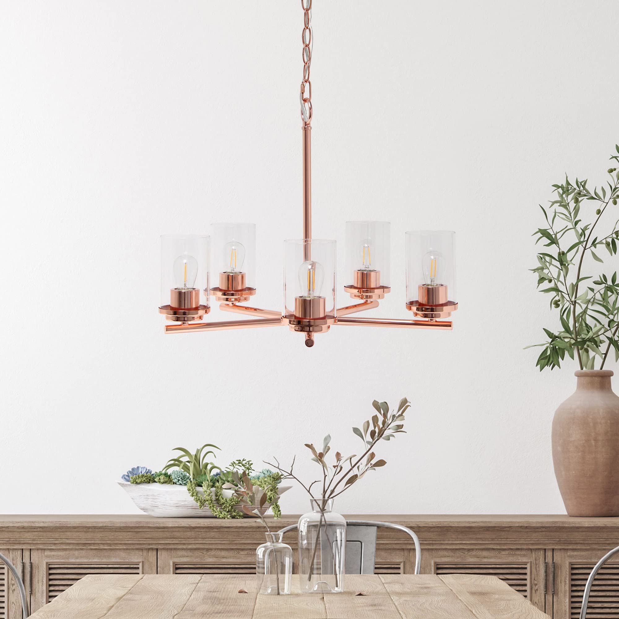Elegant Designs 5-Light Pendant Chandelier, Rose Gold, Glass, 20.5inx20.5inx64in, Model PT1019-RGD