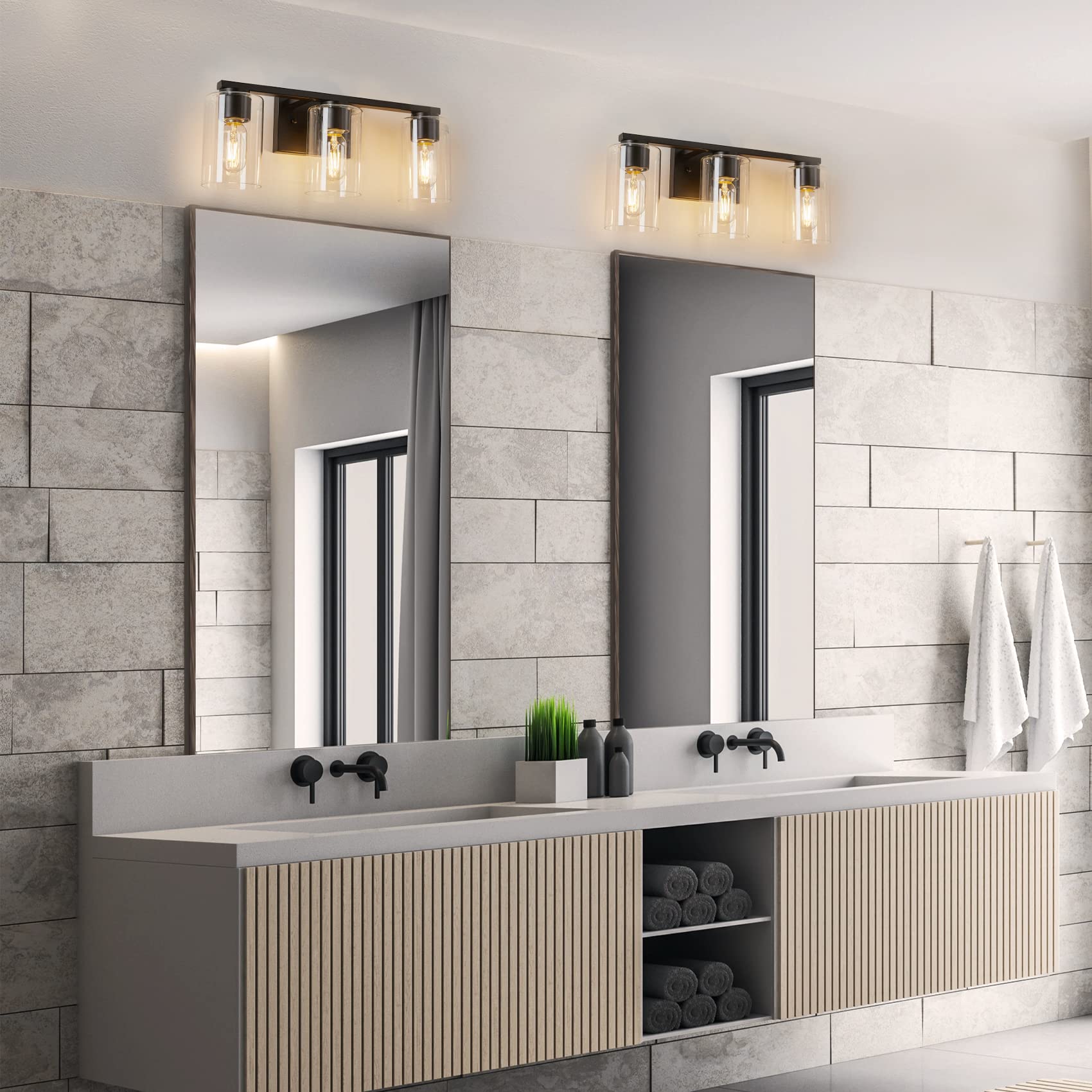 Wilon Bathroom Vanity Light, 3 Light Black Bathroom Light Fixtures, Modern Bathroom Vanity Light With Clear Glass Shade, E26 Base Bathroom Lights Over Mirror, Vanity Lights For Bathroom Kitchen