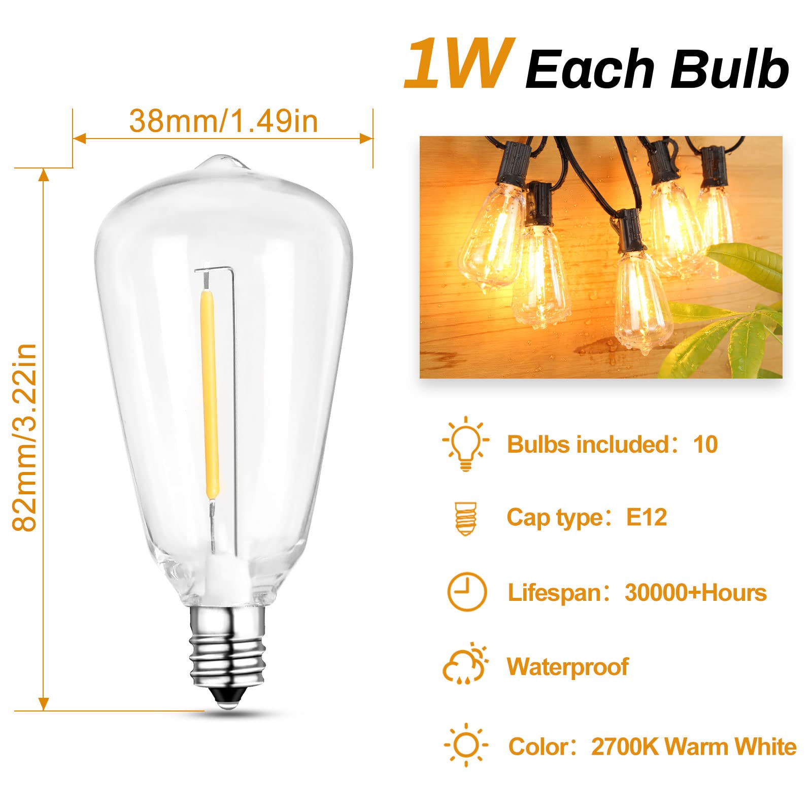 BRIMAX 10FT Outdoor String Lights, 10 Shatterproof Warm White LED Bulbs, Waterproof, Model LM-SL-S14-usb-75