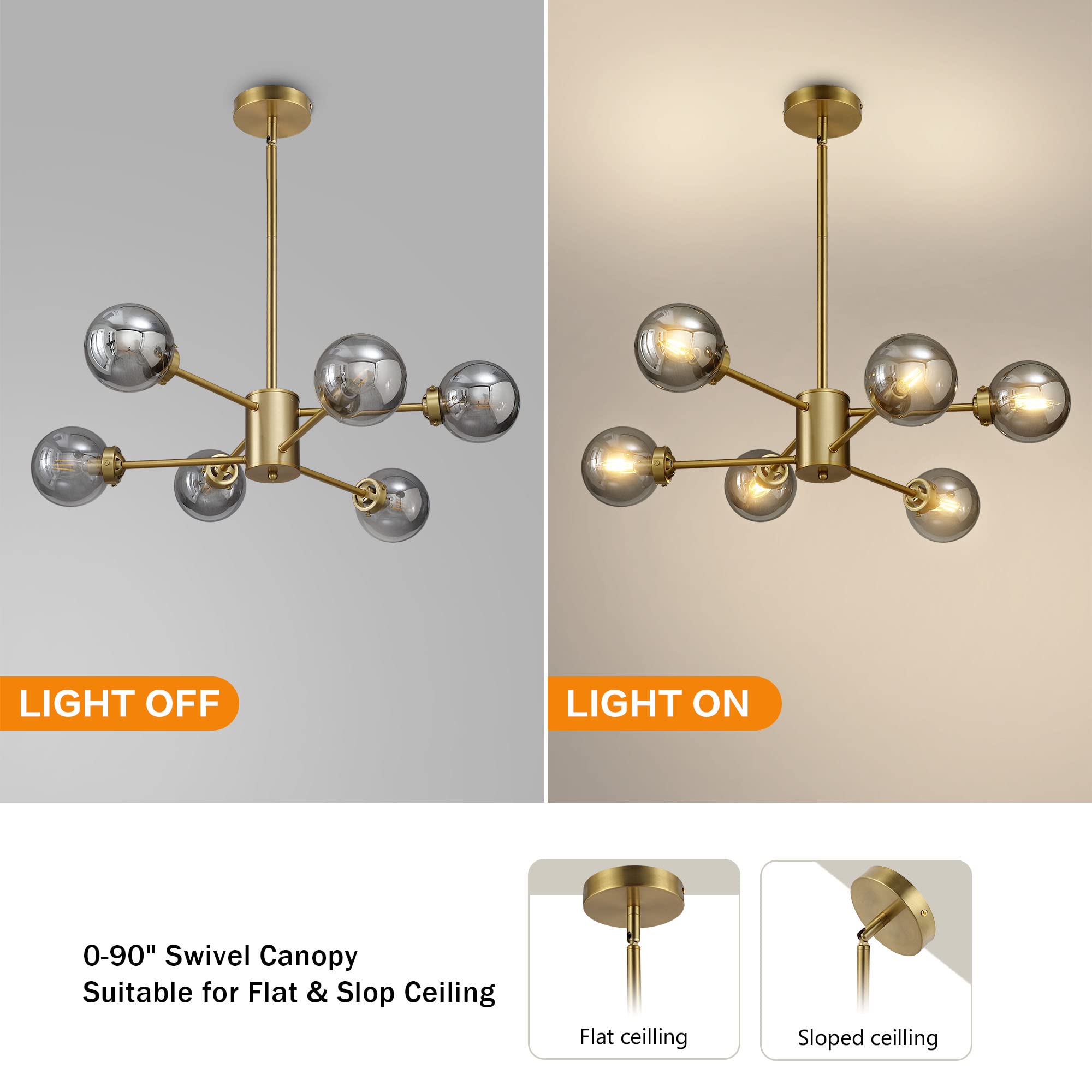 Wingbo 6-Light Sputnik Chandelier, Modern Pendant Light Fixture With 4.7" Smoked Gray Glass Globe Shade For Flat And Slop Ceiling, Height Adjustable For Kitchen Living Room Dining Room Bedroom, Gold
