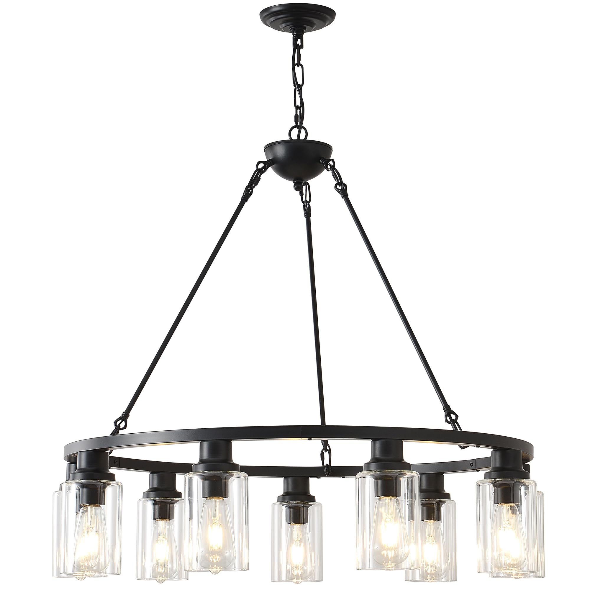 JTYP 32 Black Wagon Wheel Chandelier, 9-Light Farmhouse Glass Pendant Lights Kitchen Island Round Hanging Lighting fixtures Ceil