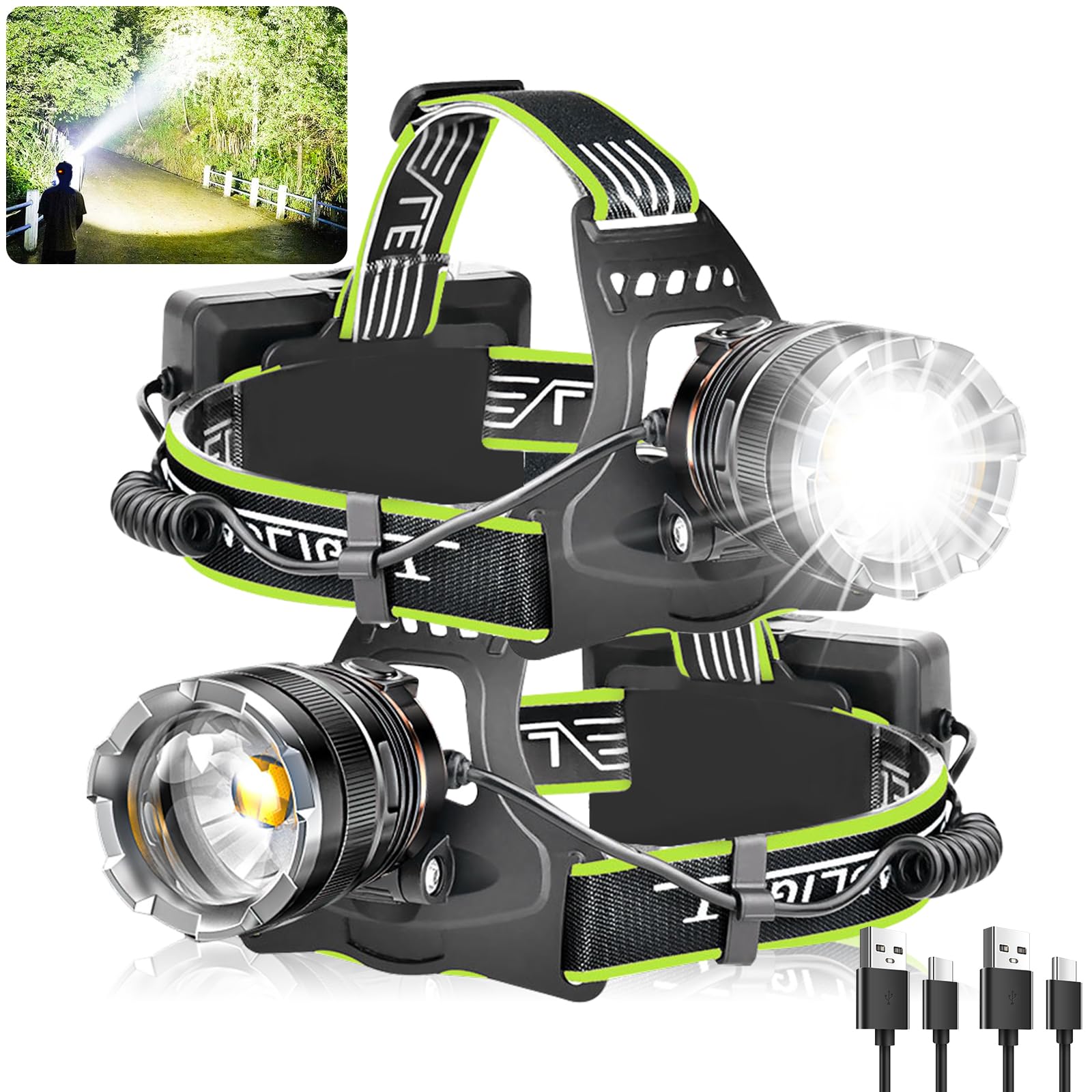 Aikertec Rechargeable Headlamp 2 Pack, Super Bright Headlamp For Adults, Motion Sensor Hands-Free, Ipx7 Waterproof, Adjustable Z
