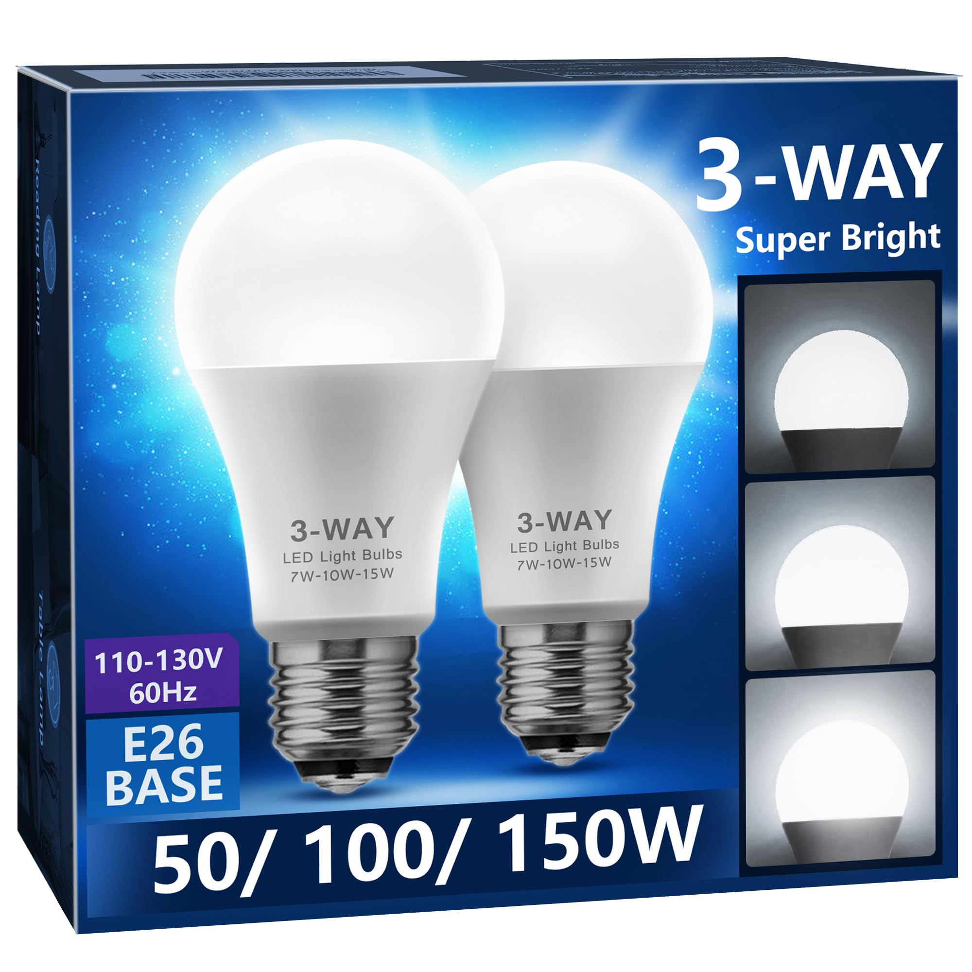 Briignite 3 Way Led Light Bulbs, 3-Ways Light Bulb 50 100 150W Equivalent Daylight 5000K A19 E26 Base, Three Way Light Bulbs Ind