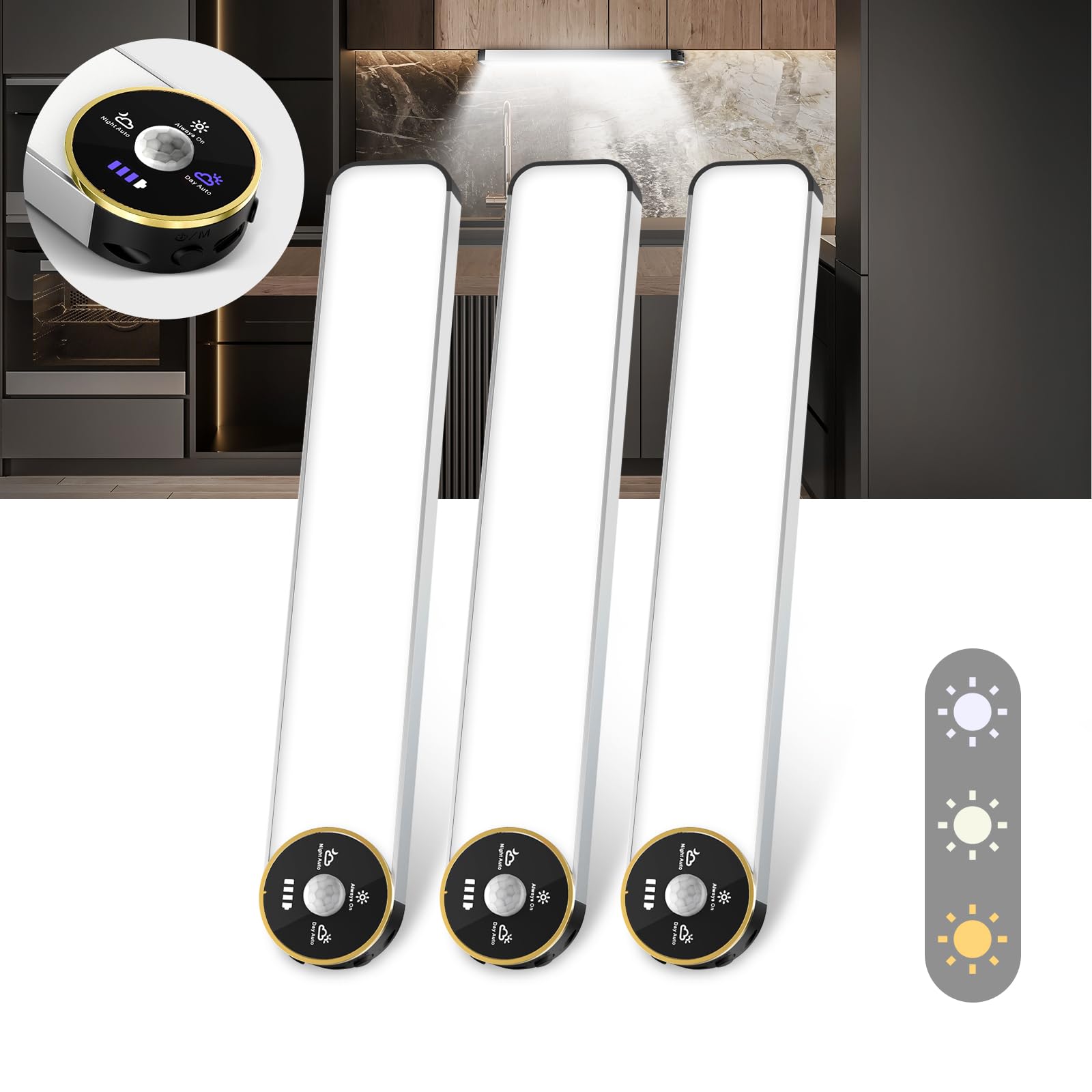 COLIJOY Under Cabinet Lighting, 50 LED Dimmable Motion Sensor Light, 3 Color Temps, Rechargeable 1600mAh Built-in Battery, Wirel