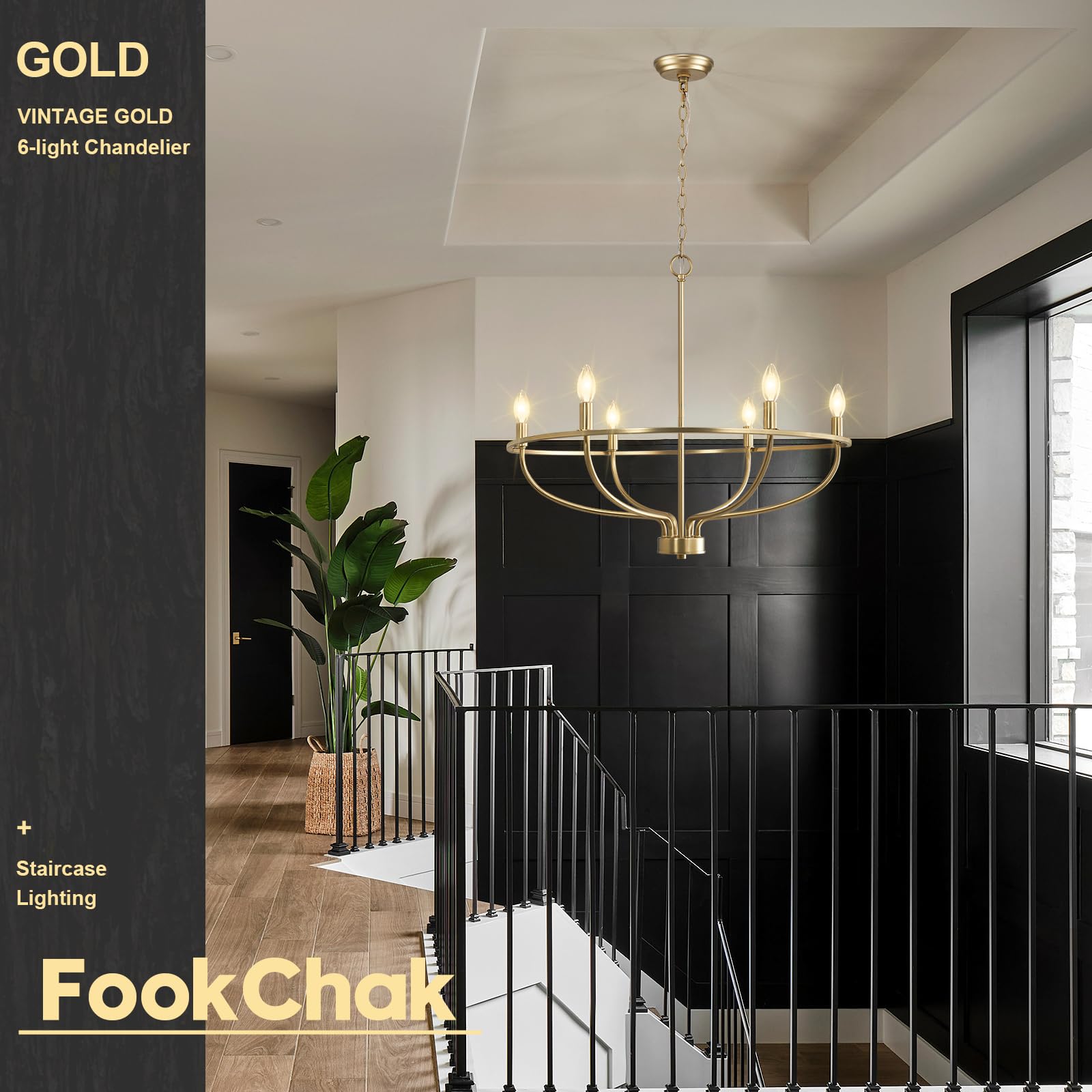 FookChak 6-Light Gold Chandelier, 29in Brushed Brass Light Fixture for Dining Room, Hallway, and Living Room