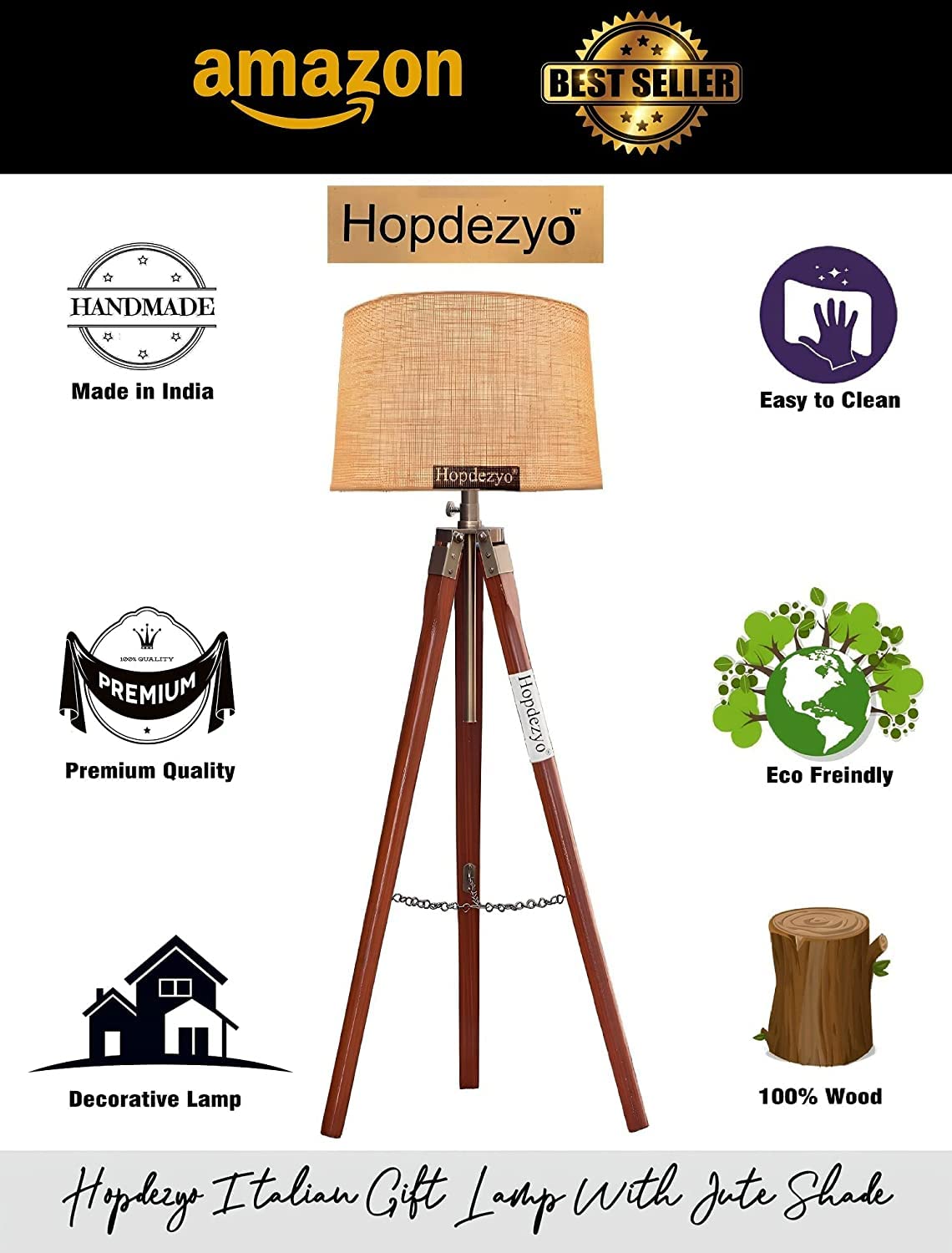 Hopdezyo E27 Italian Crafter Home Decor Tripod Floor Lamp for Living Room Bedroom Office, Holder & Lamp, Jute Shade