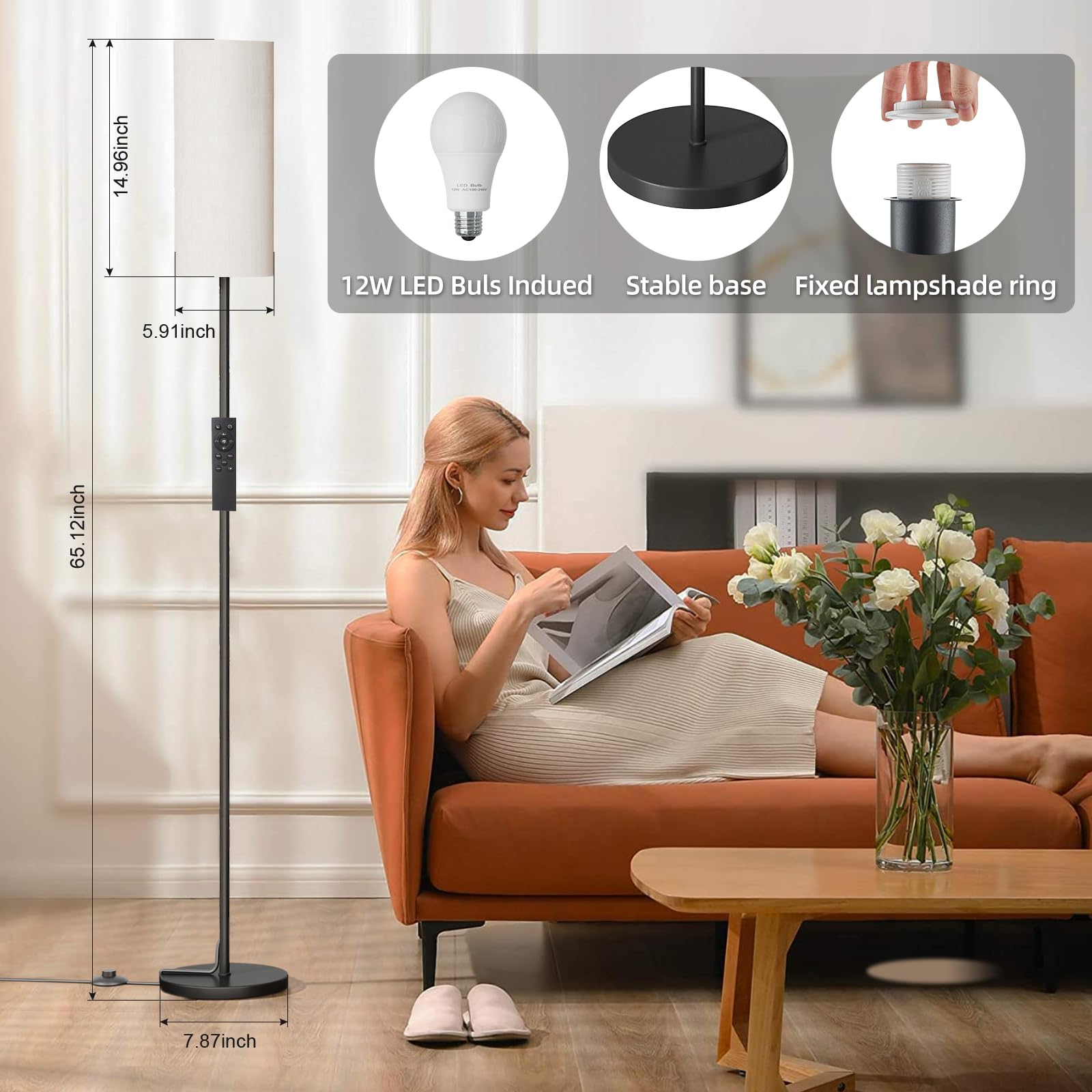 Keepsmile Dimmable LED Floor Lamp with Remote, 65.12" Metal Design, Black, Model KS-FL-F16 for Living Room, Bedroom, Office