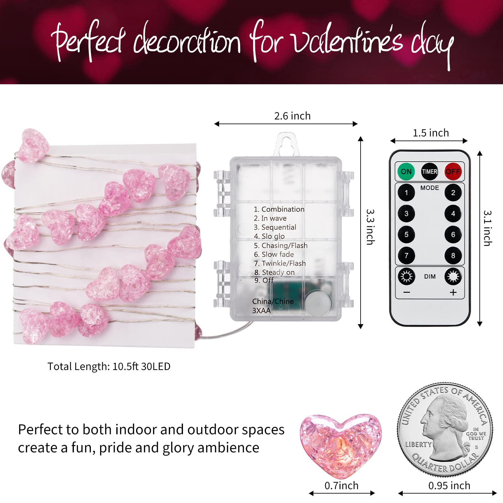 Brightown 10.5ft Fairy String Lights - 30 LED Pink Heart, Battery Operated with Timer & Remote, Perfect for Valentine's Day & Weddings