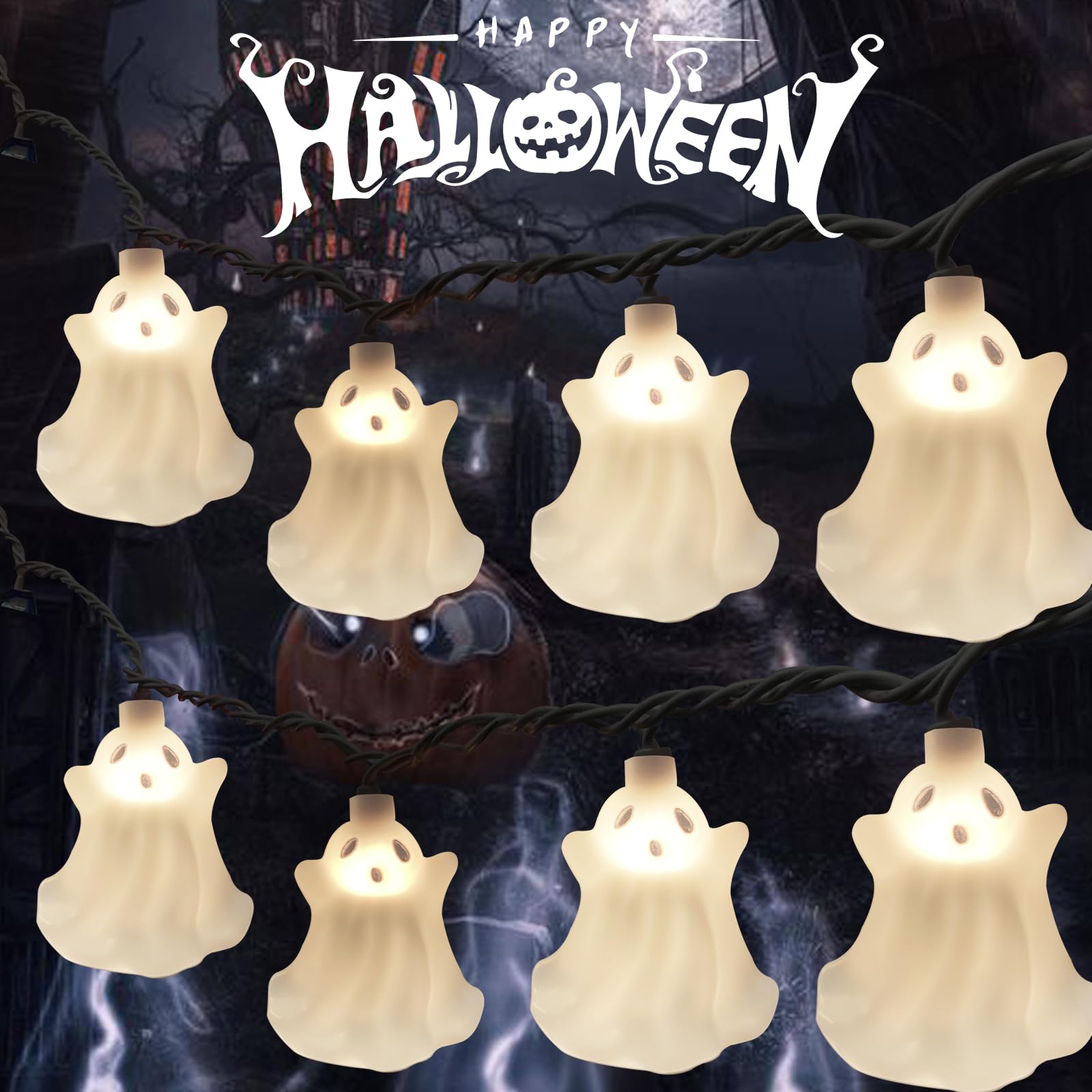 Pallerina 8.5Ft Halloween Ghost String Lights - 10 Waterproof White Ghosts For Indoor/Outdoor Decor