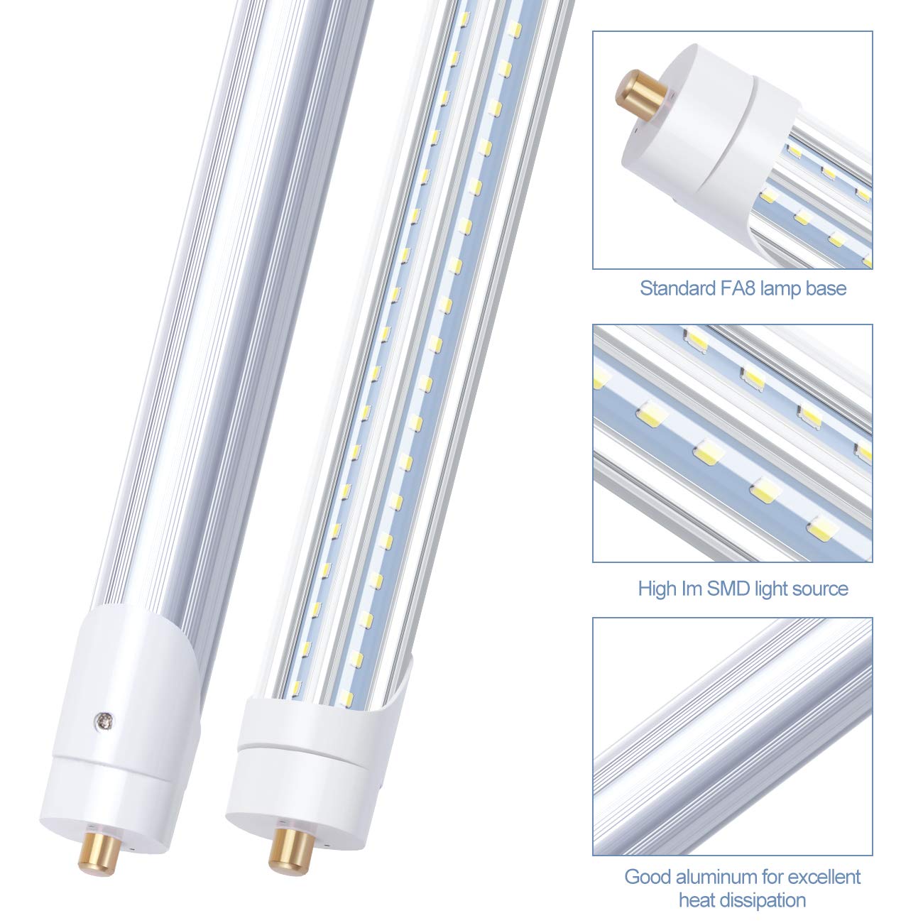 T8 8Ft Led Shop Light, 90W 10000Lm Tube, Single Pin Fa8 Base, Cool White 6000K, V Shaped, 96'' Bulb Replacement For 8Ft Fluoresc