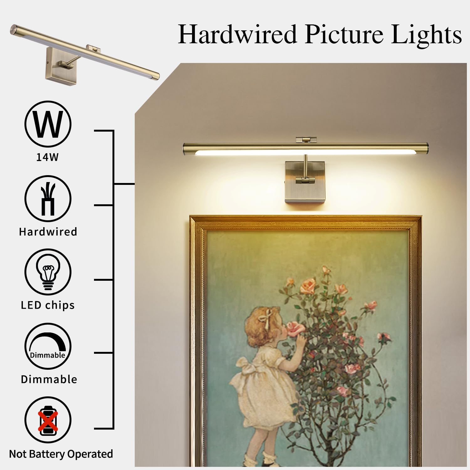 Joosenhouse LED Picture Light 24.4" Antique Bronze Dimmable Wall Lamp, 14W, Hardwired, 3000K Warm White