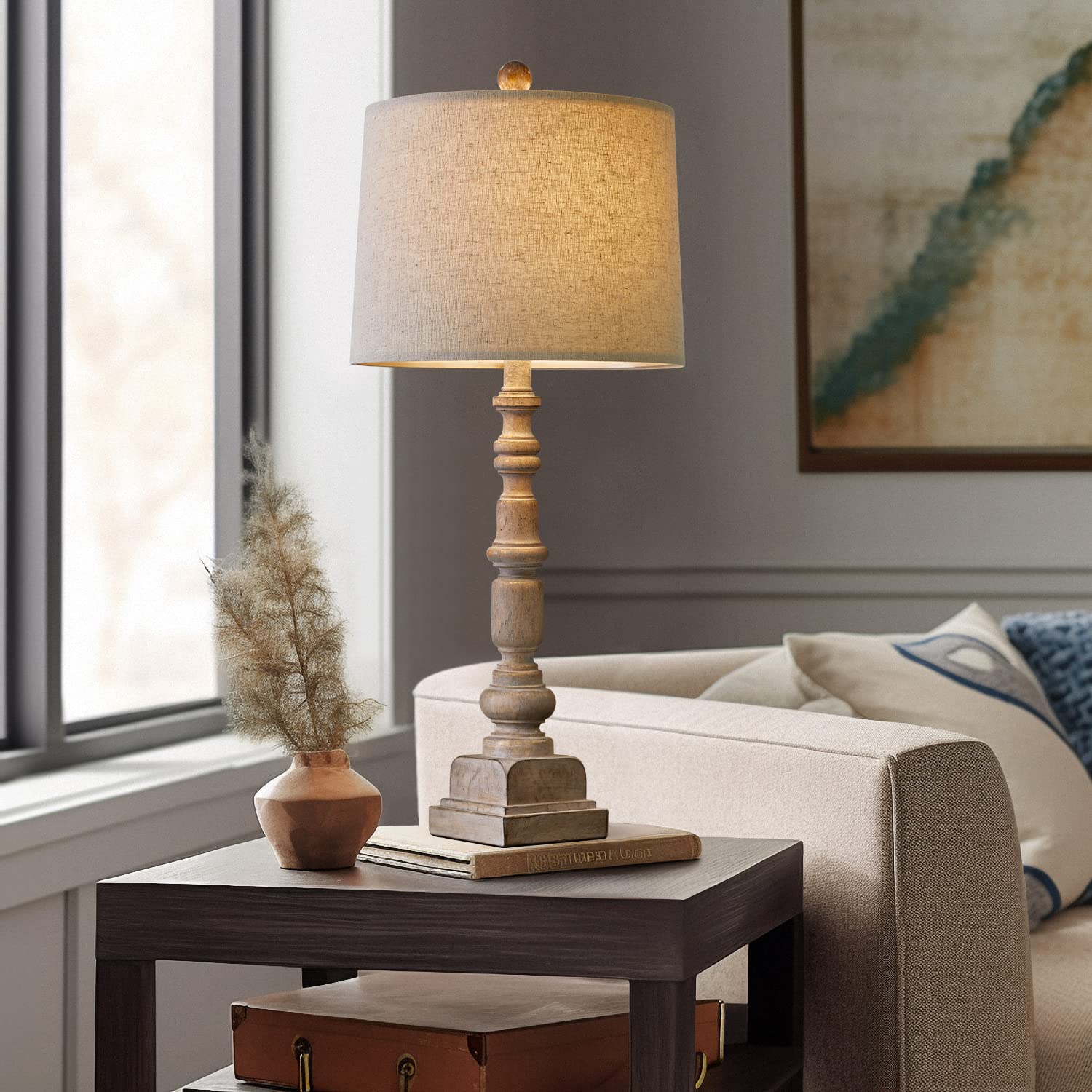 Oneach Vintage Farmhouse USB Table Lamps Set of 2, 27.75" Resin, Antique Wood Finish, Dual USB Ports, Model AMZ-T336USB-WW