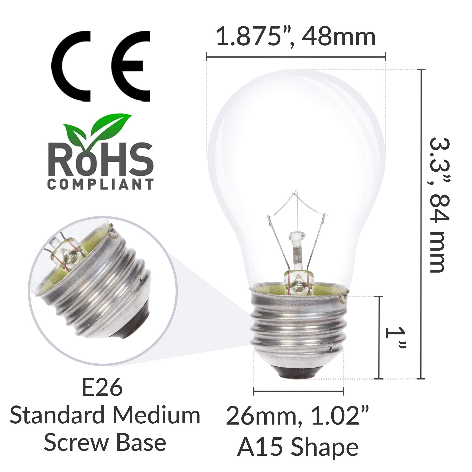 Simba Lighting A15 40W Incandescent Light Bulb, 6 Pack, Dimmable, 2700K Warm White, Clear Glass, E26 Base, for Refrigerators and O