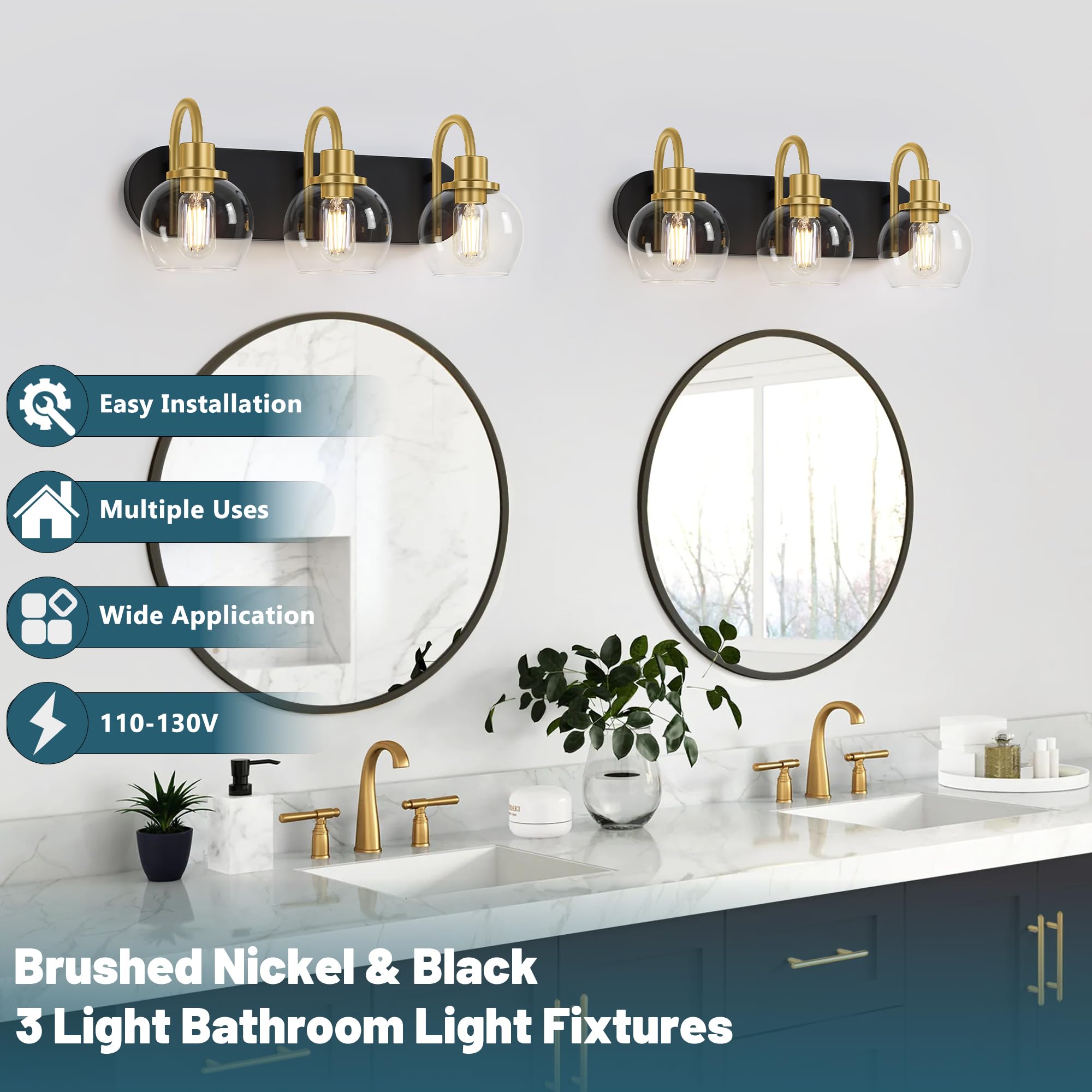 Dpyrrhic 3-Light Bathroom Vanity Light Fixture, Metal, Matte Black & Gold, Clear Glass Shade
